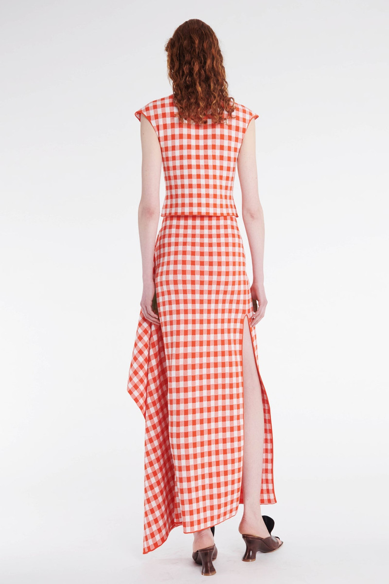 KNITTED FITTED MAXI SKIRT WITH SIDE PANEL RED WHITE GINGHAM 3