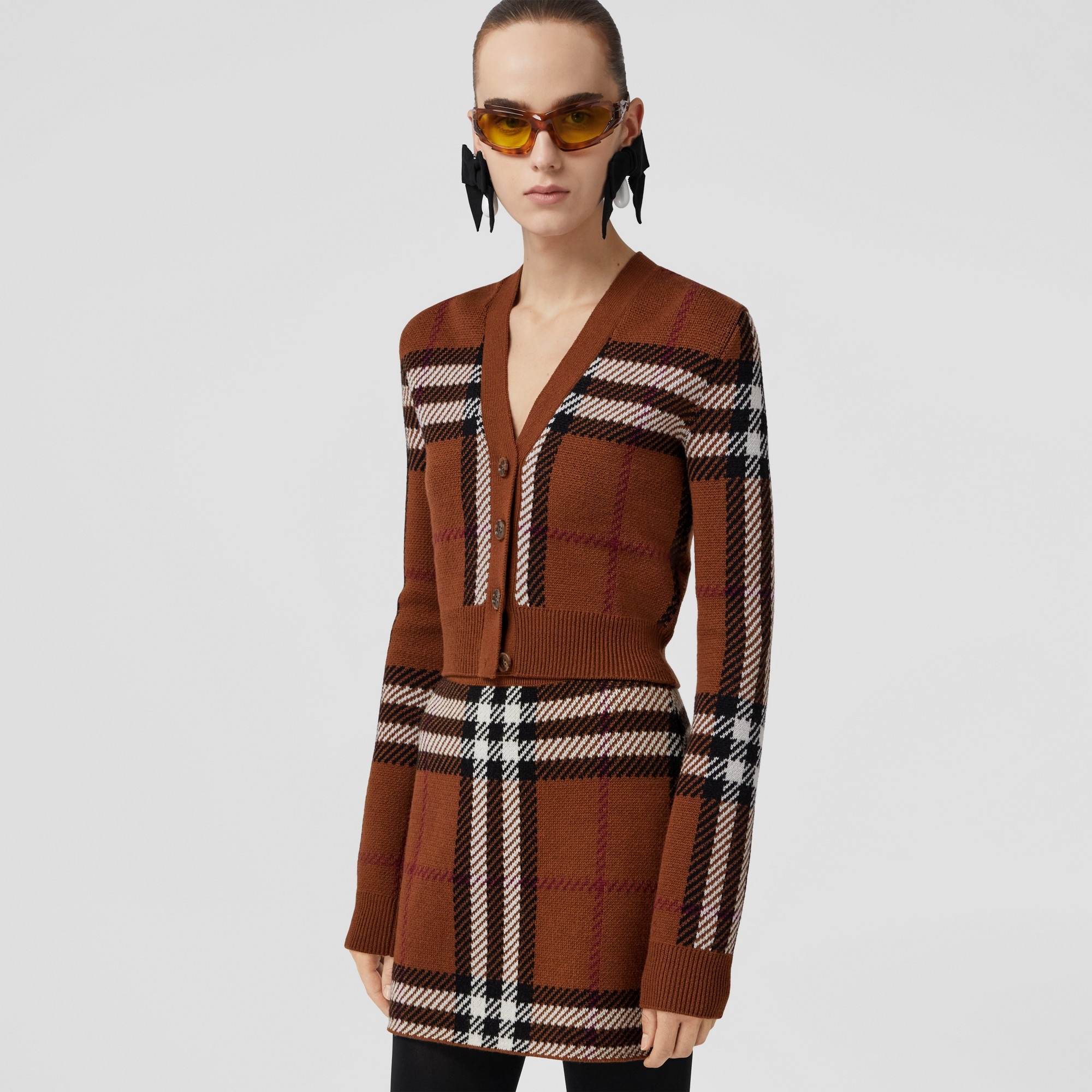 Check Wool Jacquard Cropped Cardigan - 4