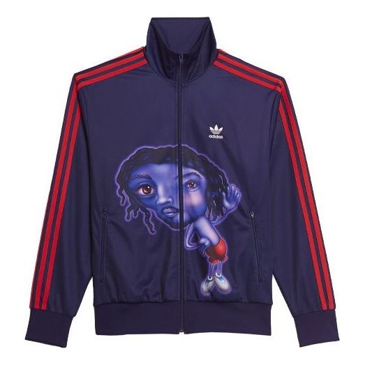 Men's adidas originals x Kerwin Frost Crossover Cartoon Printing Stripe Stand Collar logo Sports Jac - 1