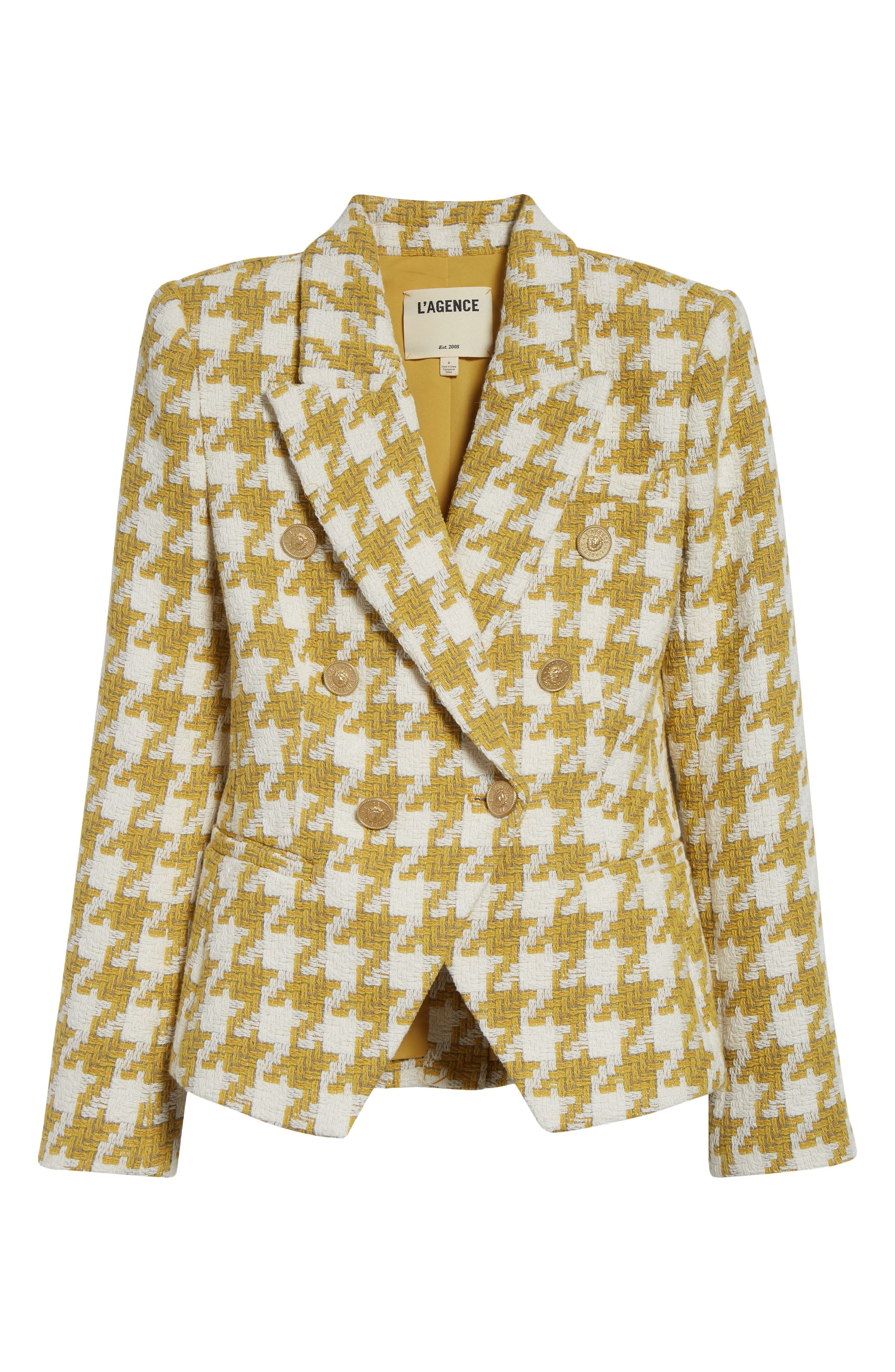 L'AGENCE Marie Houndstooth Tweed Double Breasted Blazer in Ceylon Yellow Houndstooth at Nordstrom - 7