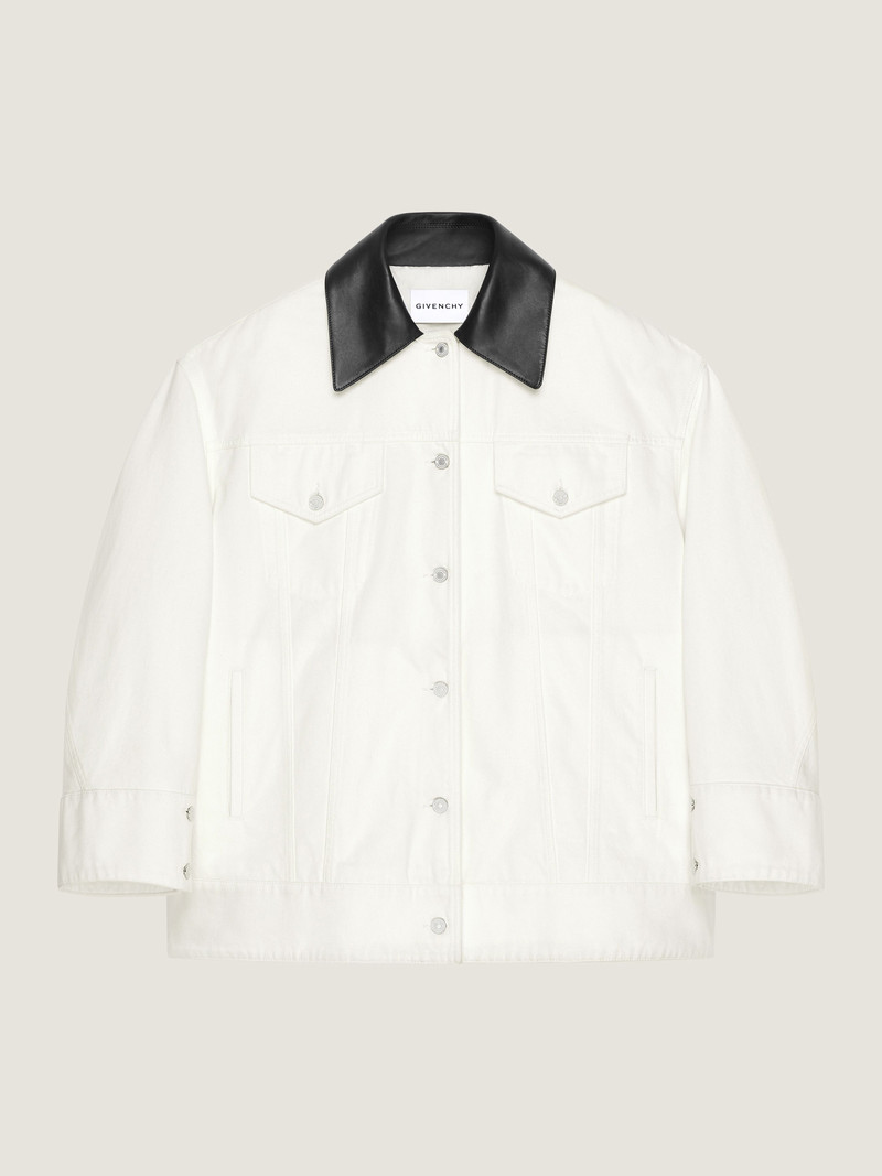 COCOON JACKET IN WHITE DENIM WITH LEATHER COLLAR 1