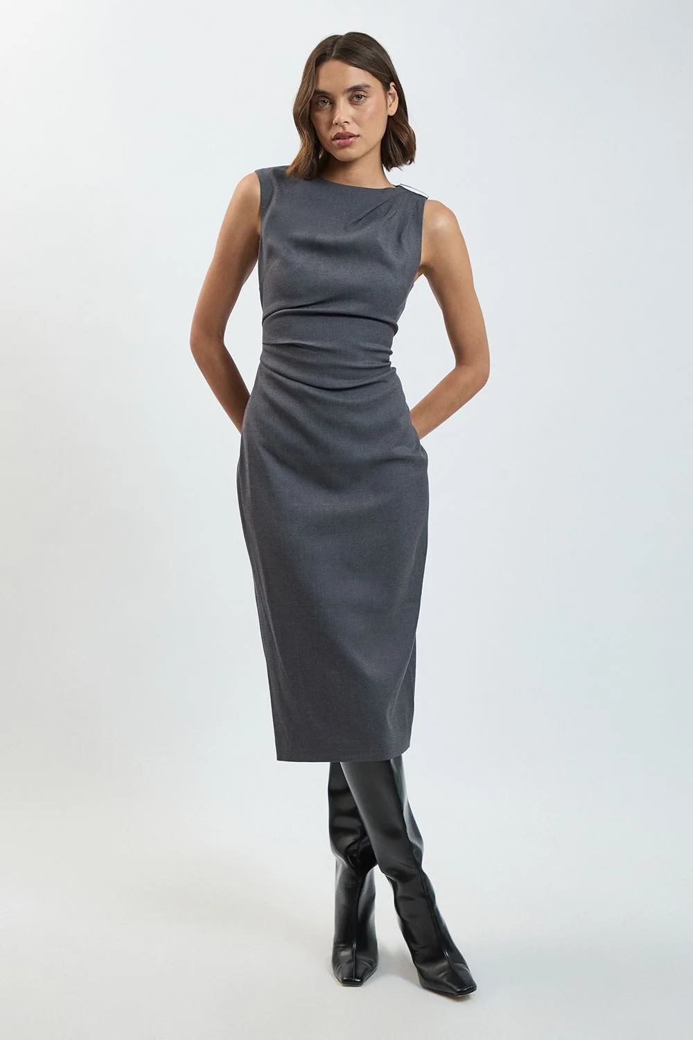 Tailored Shoulder Trim Detail Ruched Pencil Dress - 1