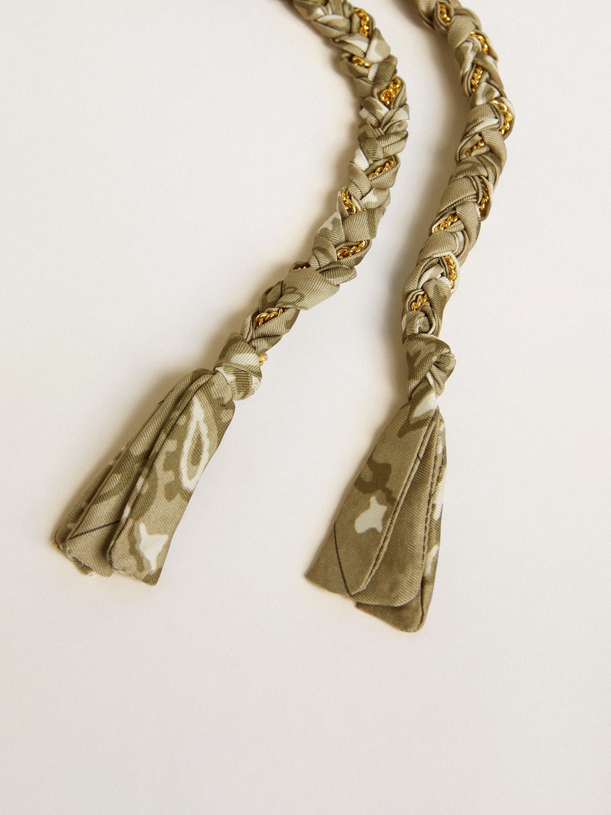 Dove-gray braided fabric charm with brass chain - 2