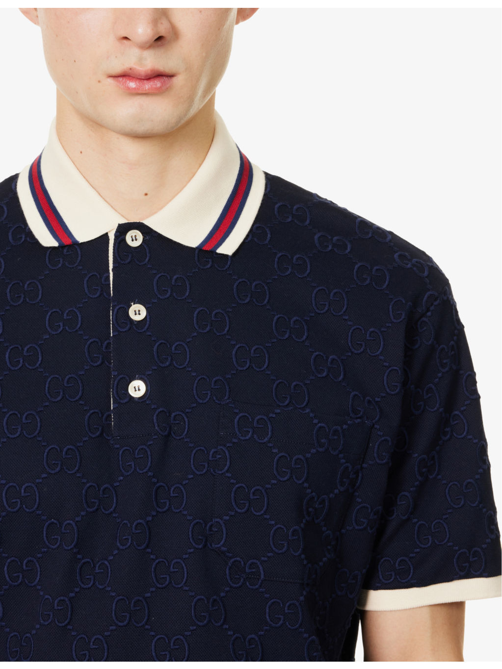 Monogram-pattern striped-trim stretch-cotton polo shirt - 5