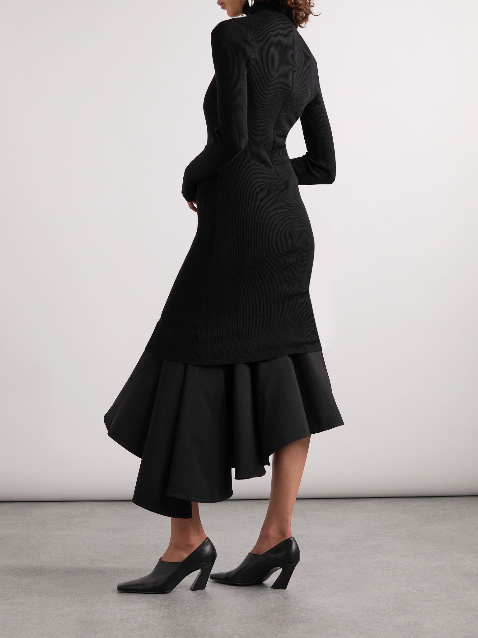 Asymmetric satin-trimmed ribbed-knit turtleneck midi dress Black - 3