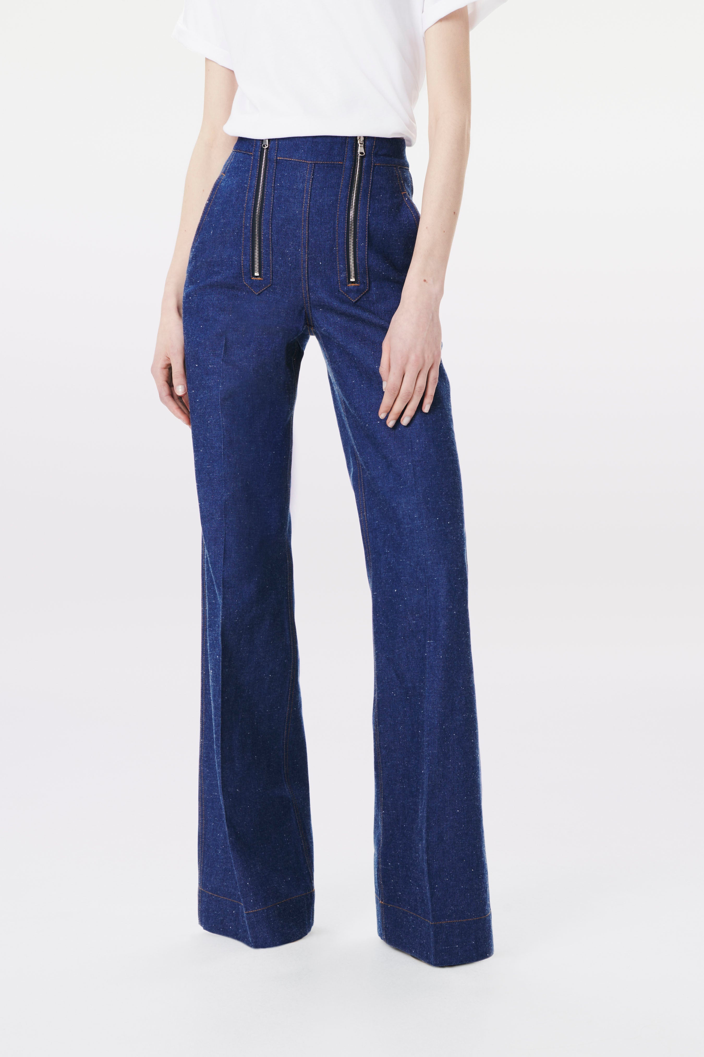 Zip Detail Flare Jean in Serge Blue - 3