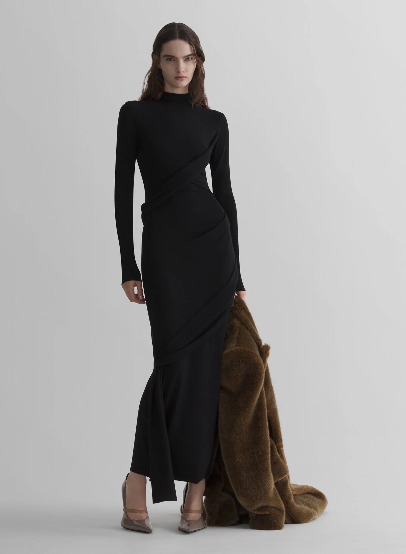 black draped turtleneck dress - 1