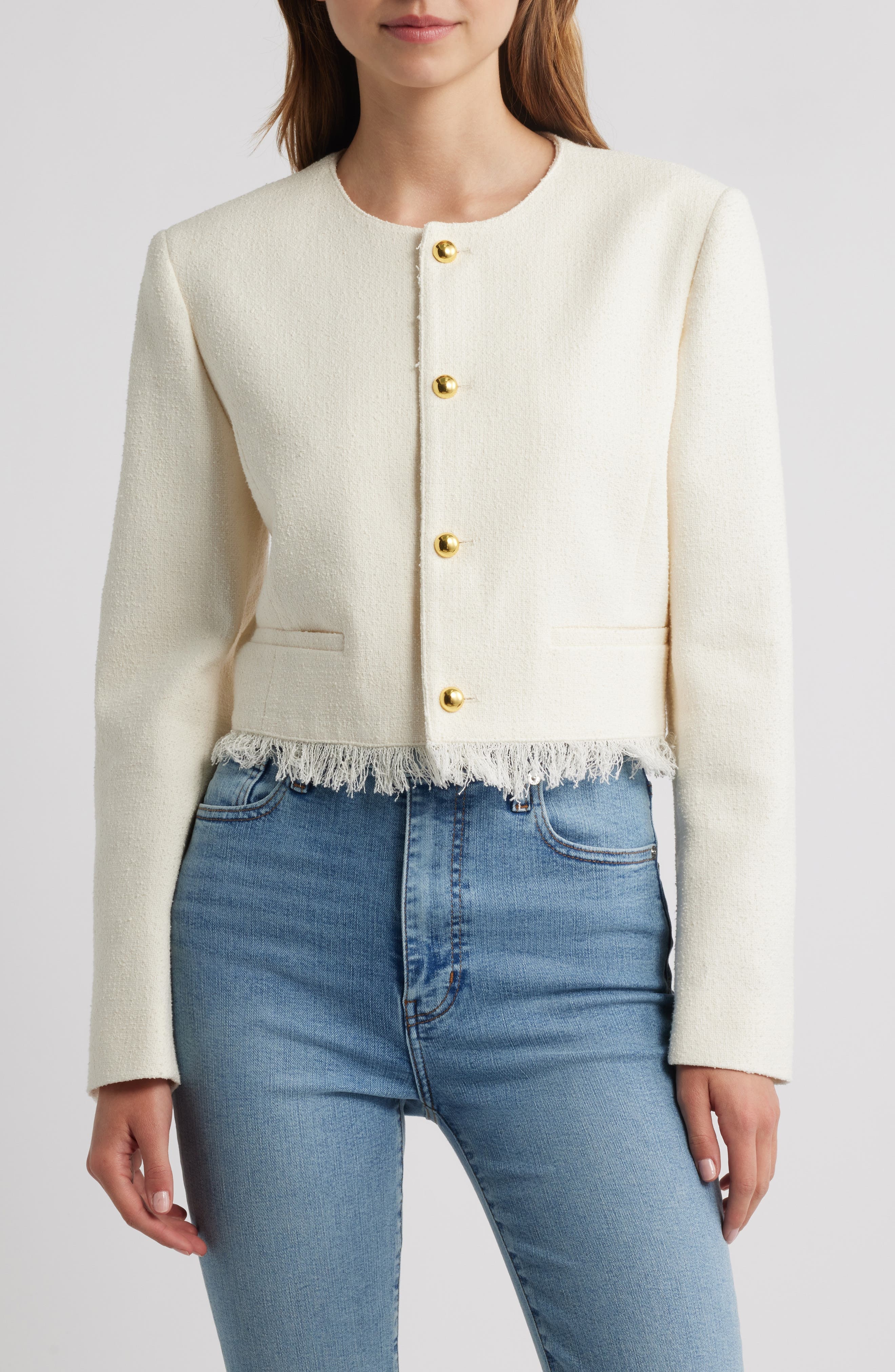 FRAME The Fringe Trim Tweed Jacket in White at Nordstrom - 4