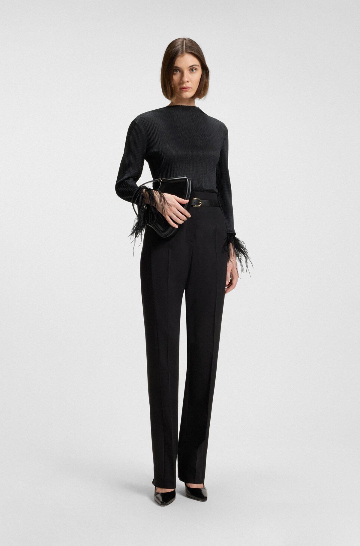 PLISSÉ JACQUARD TOP WITH DETACHABLE FEATHER CUFF TRIMS - 3