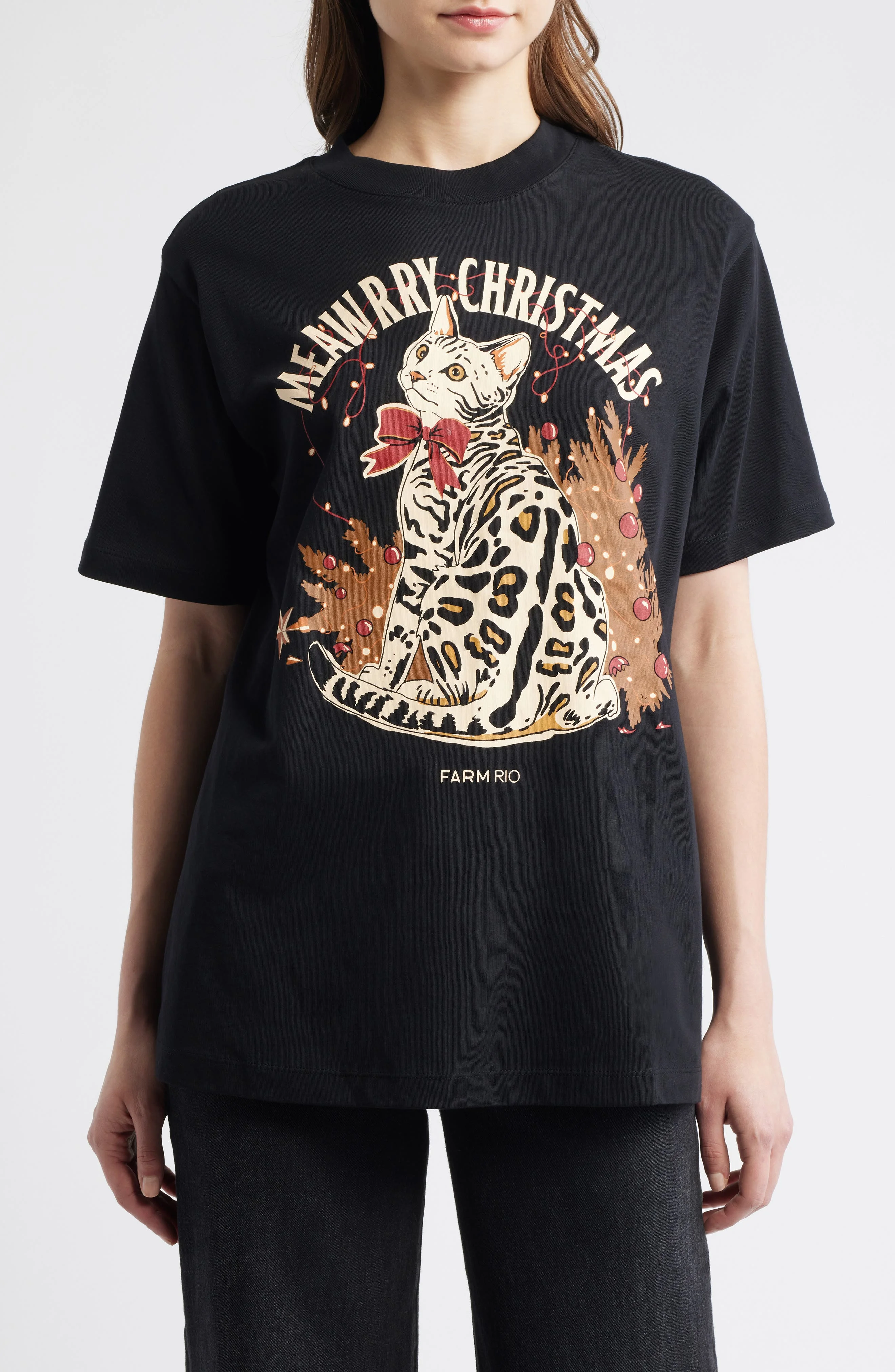 FARM Rio Meawrry Christmas Relaxed Graphic T-Shirt in Black at Nordstrom - 1