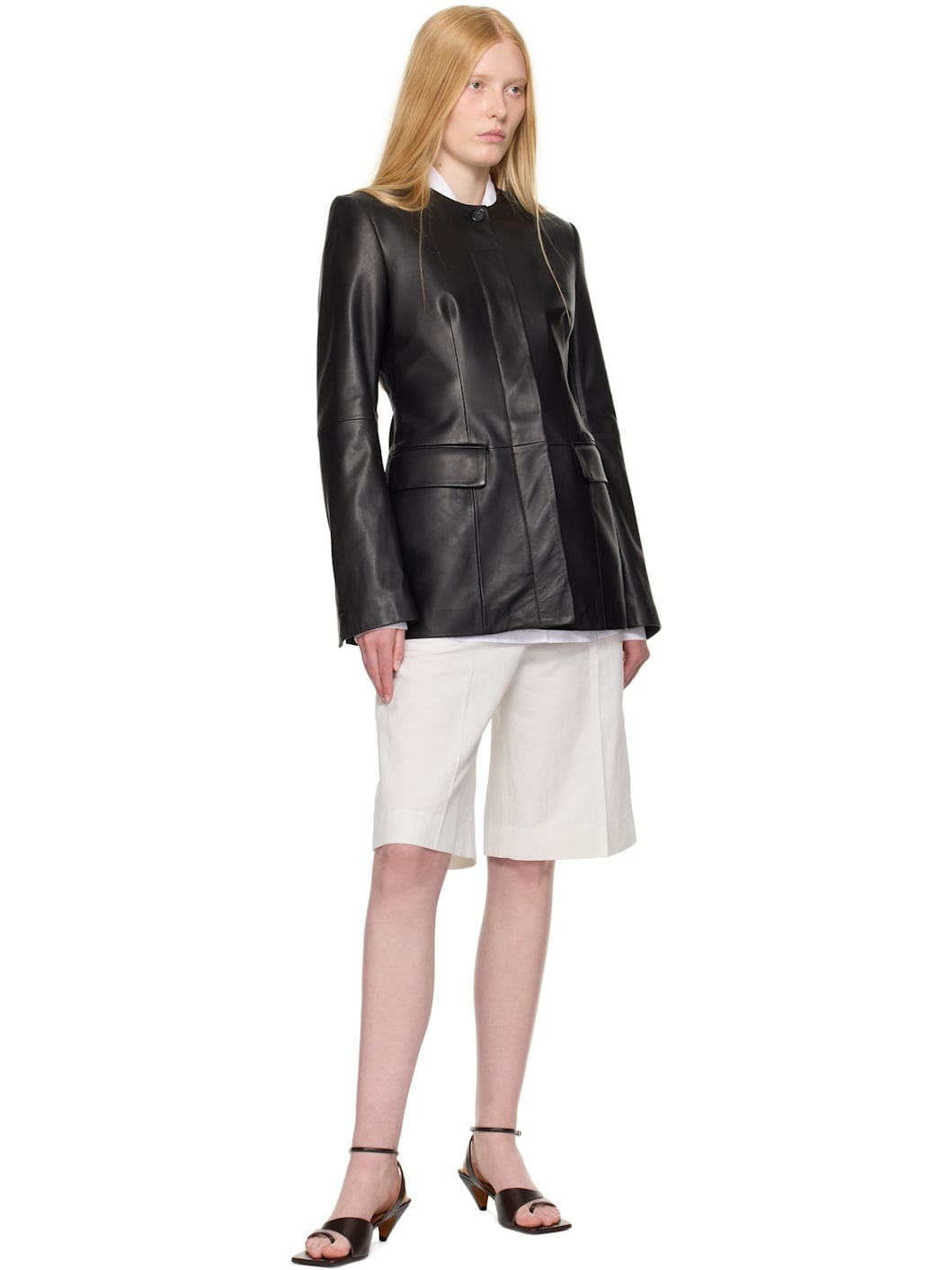 Black Collarless Leather Jacket - 4