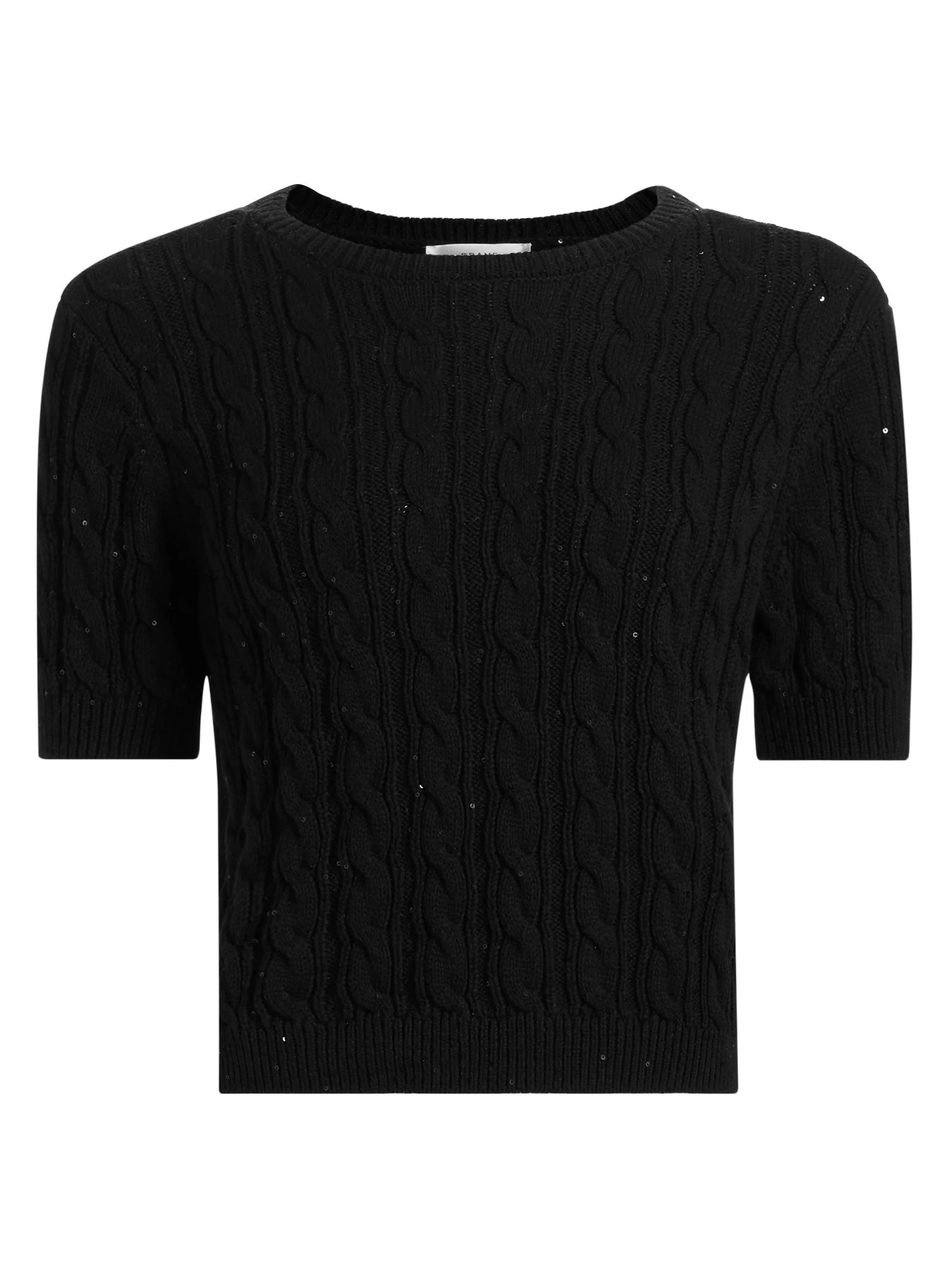 Women's Sequin-Embellished Cable-Knit Short-Sleeve Sweater - Black - 1