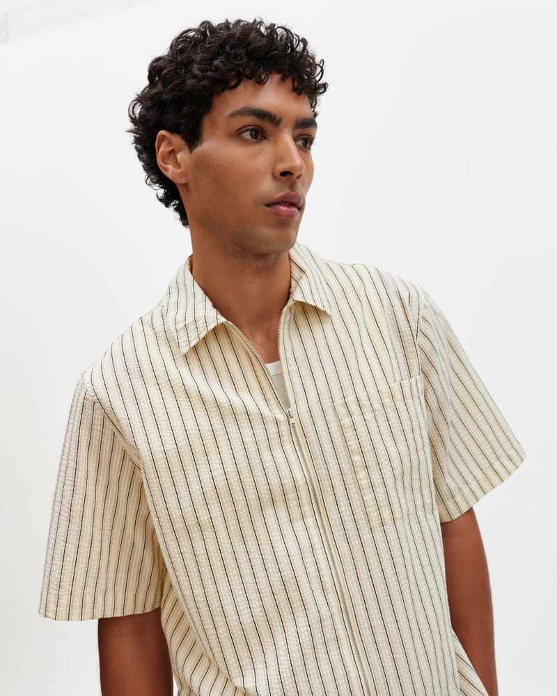 Sears - Natural And Navy Stripe Seersucker Zip Short-Sleeve Shirt 3