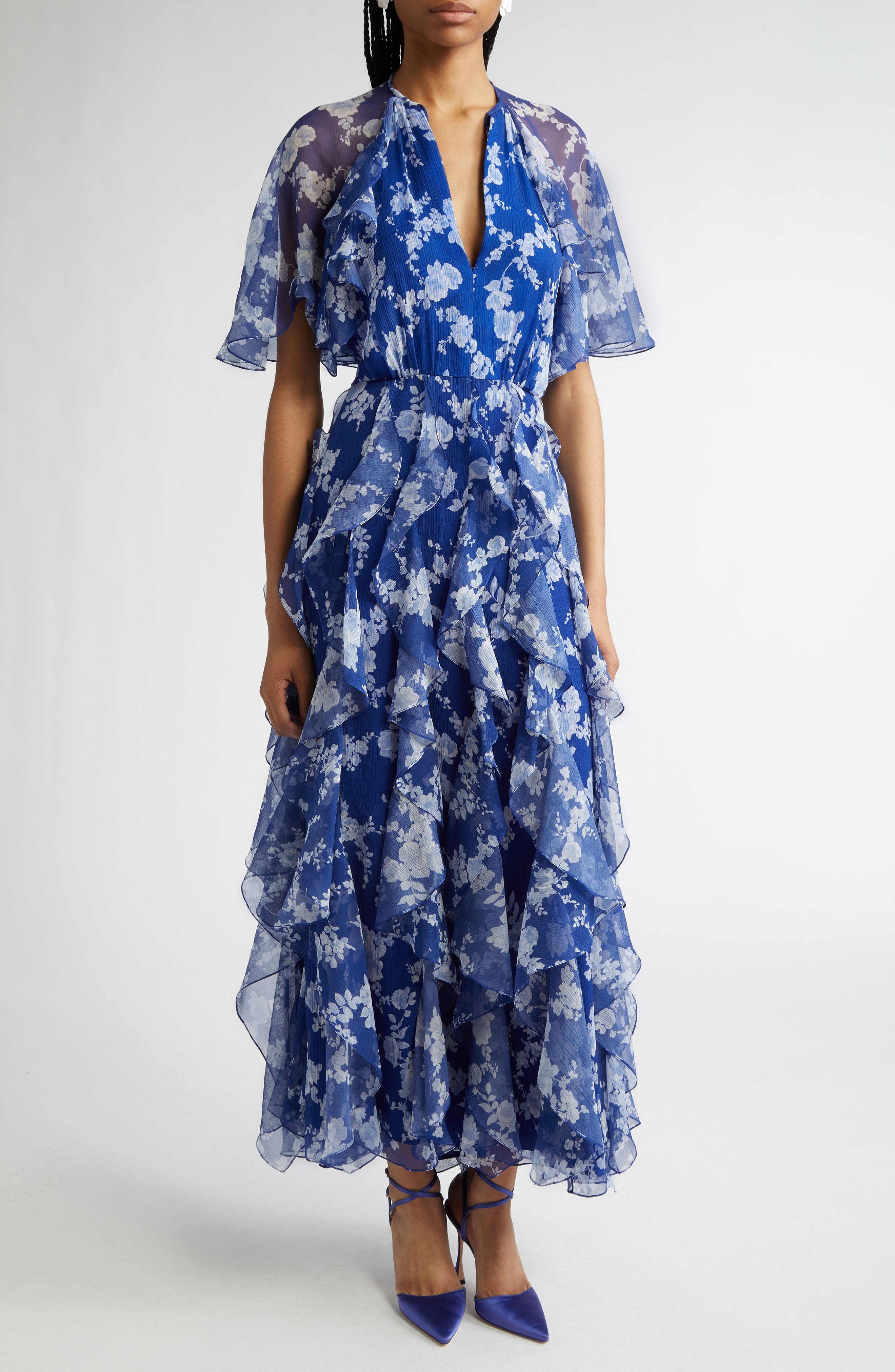 Carolina Herrera Floral Print Ruffle Silk Chiffon Midi Dress in Nautilus Multi at Nordstrom - 1