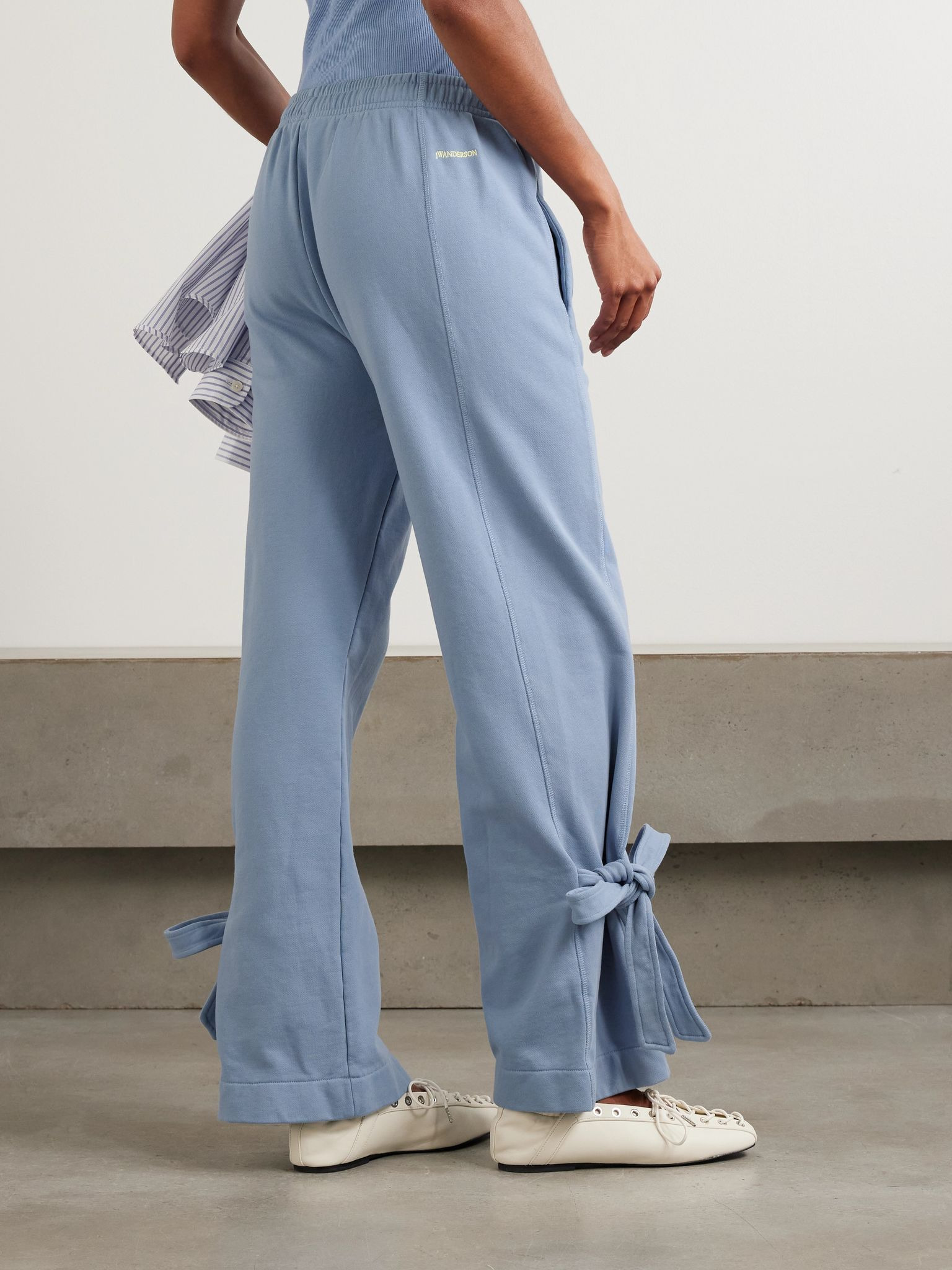 Tie-detailed cotton-jersey straight-leg sweatpants Light blue - 3