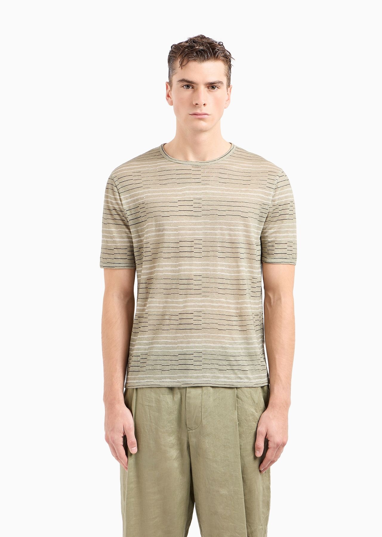 Irregular striped print linen crew-neck T-shirt - 2