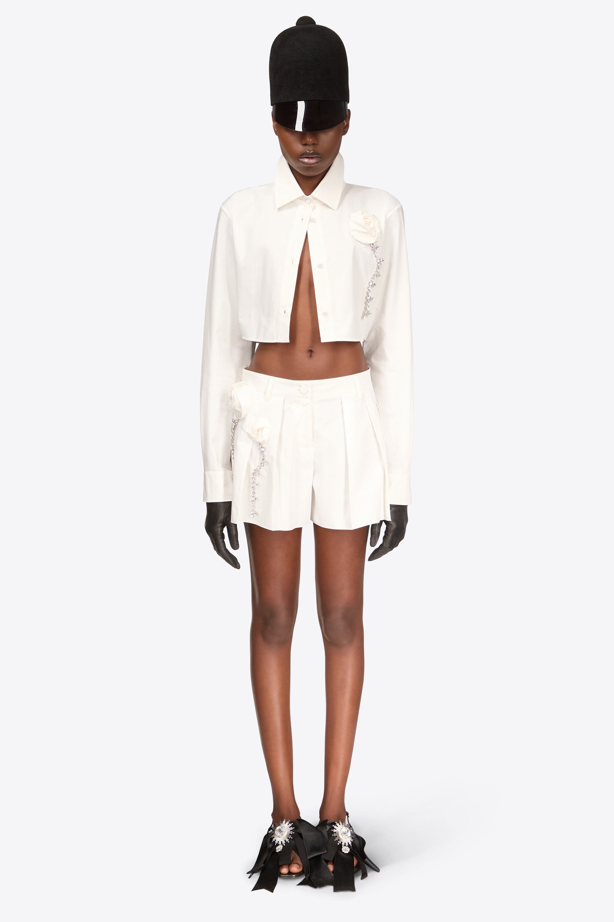 CRYSTAL ROSETTE POPLIN CROPPED SHIRT - 4