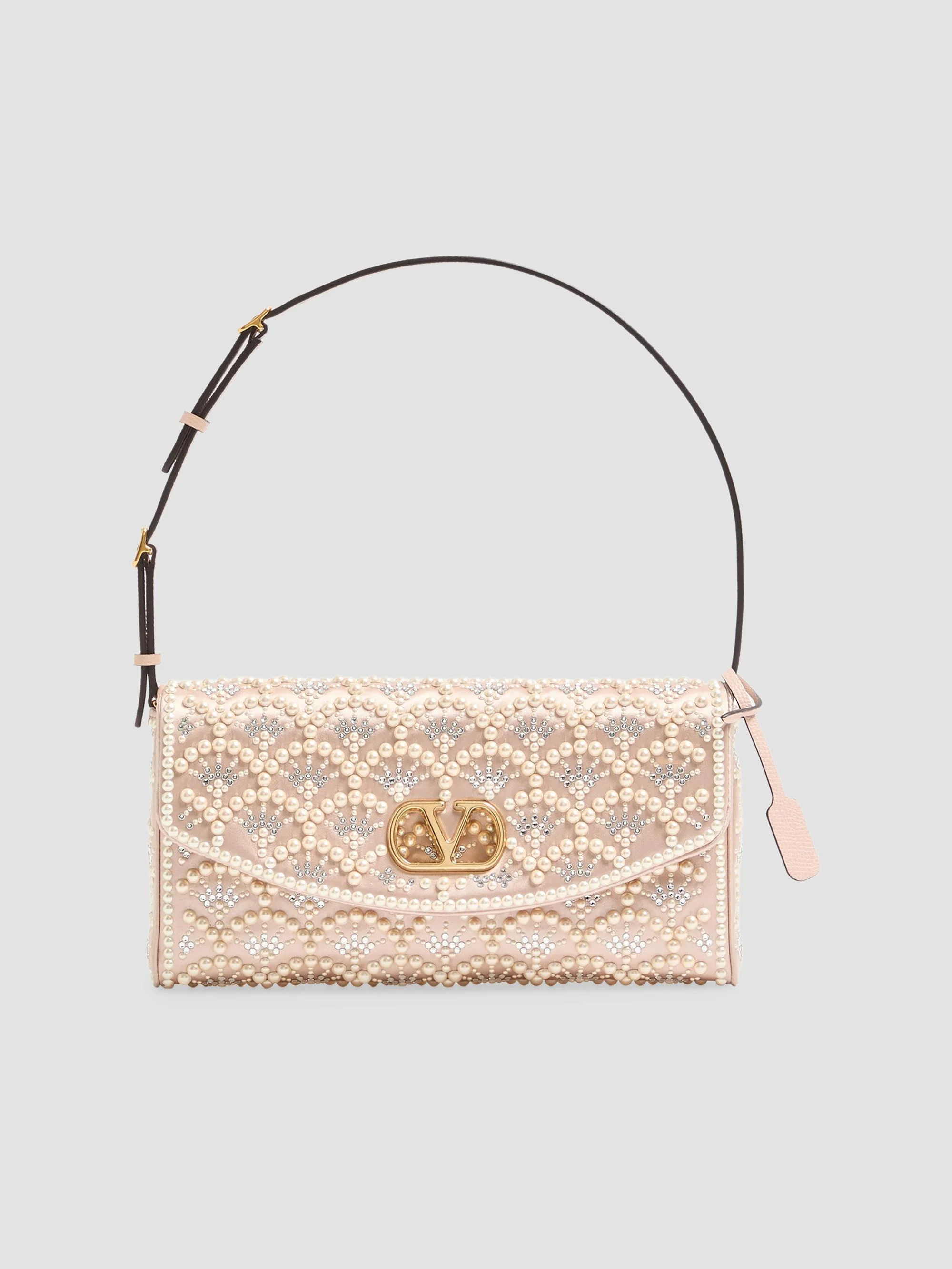 Women's Shoulder Bag with Pearls and Rhinestones - Cream - 1