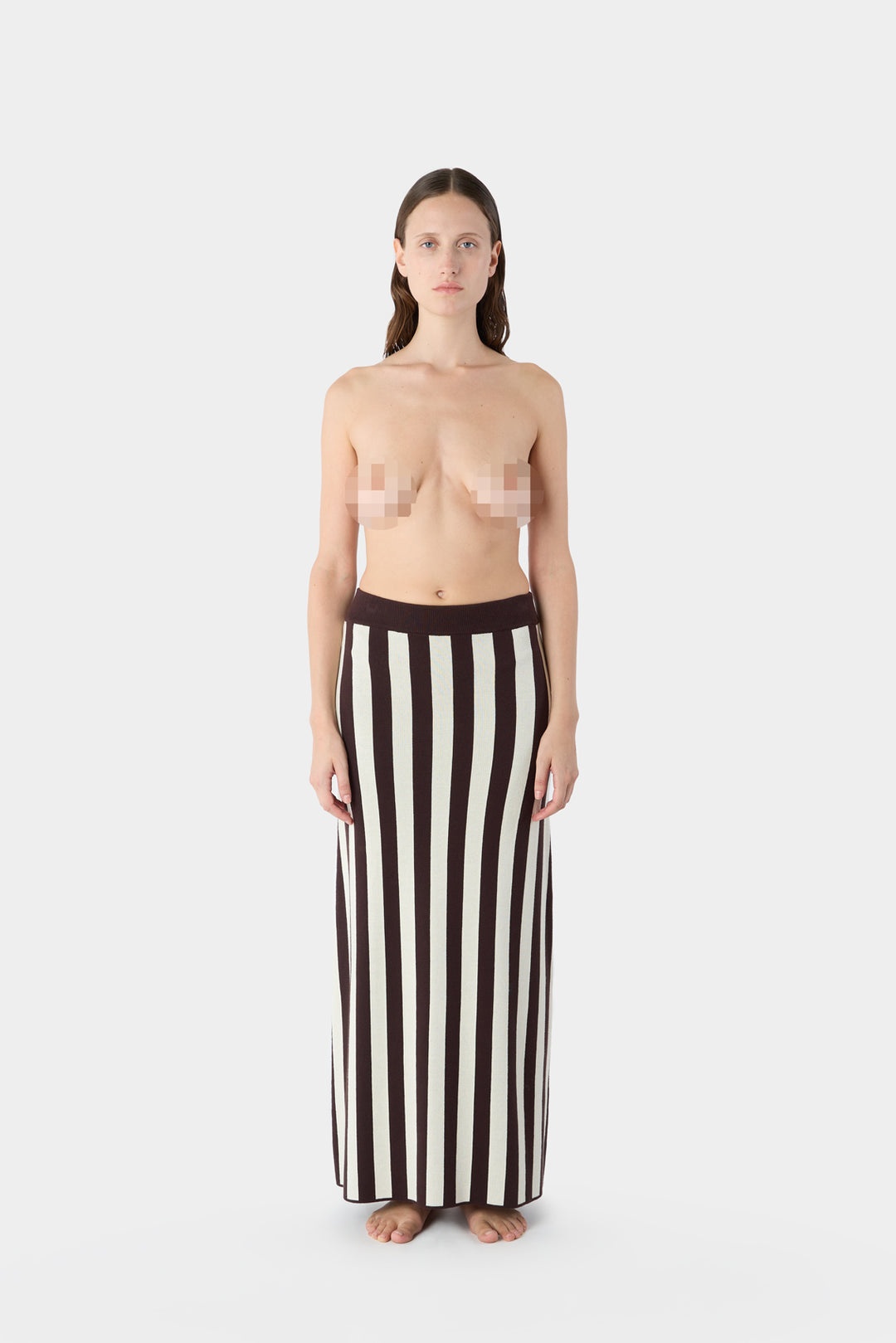 KNITTED LONG SKIRT / moka brown and cream stripes - 3