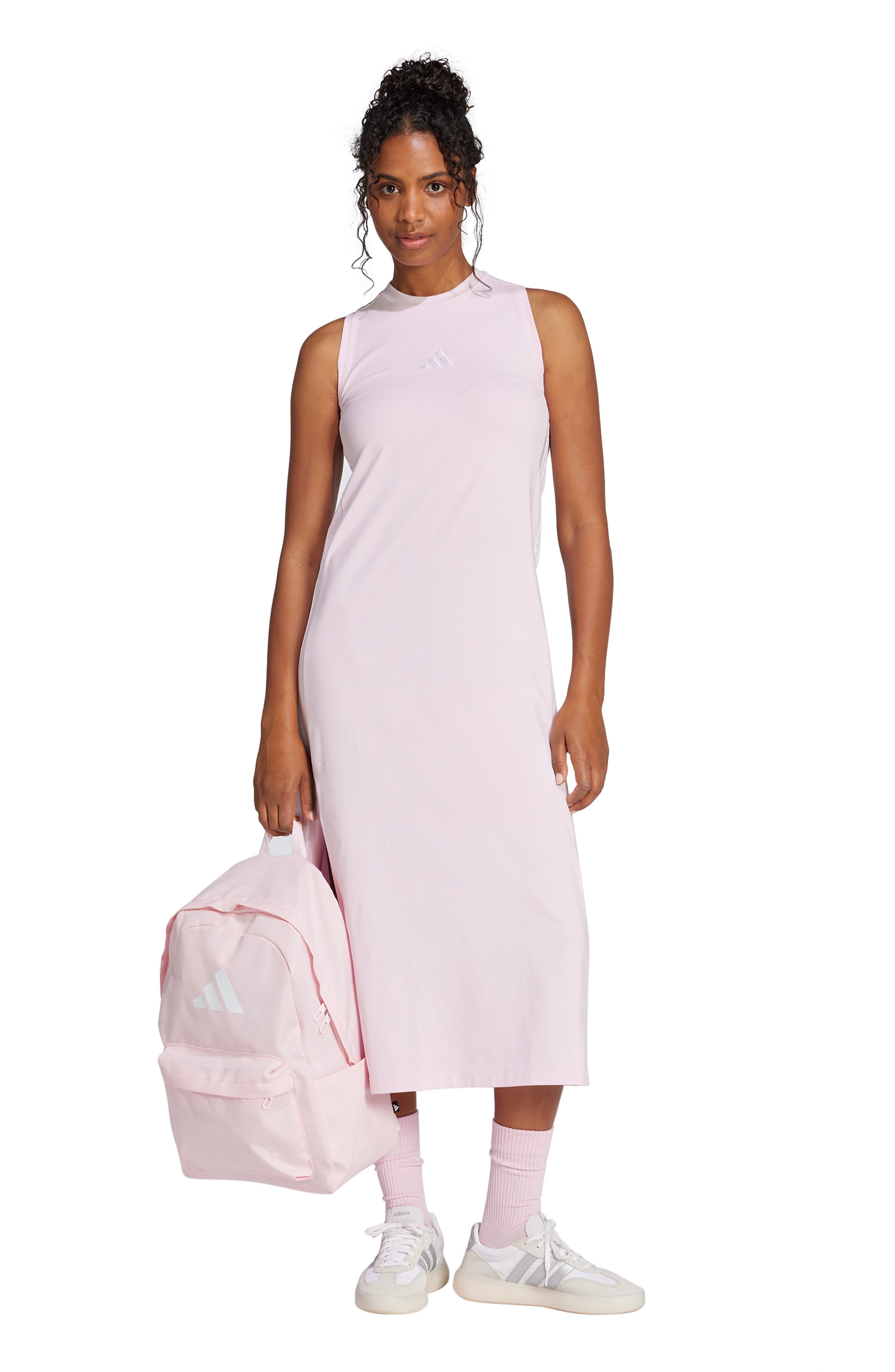 adidas Essentials 3-Stripes Racerback Midi Dress in Clear Pink/White at Nordstrom - 5