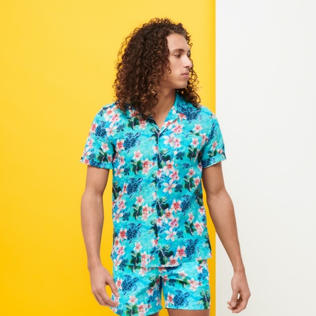 Men Bowling Shirt Linen and Cotton Turtles Jungle - 3