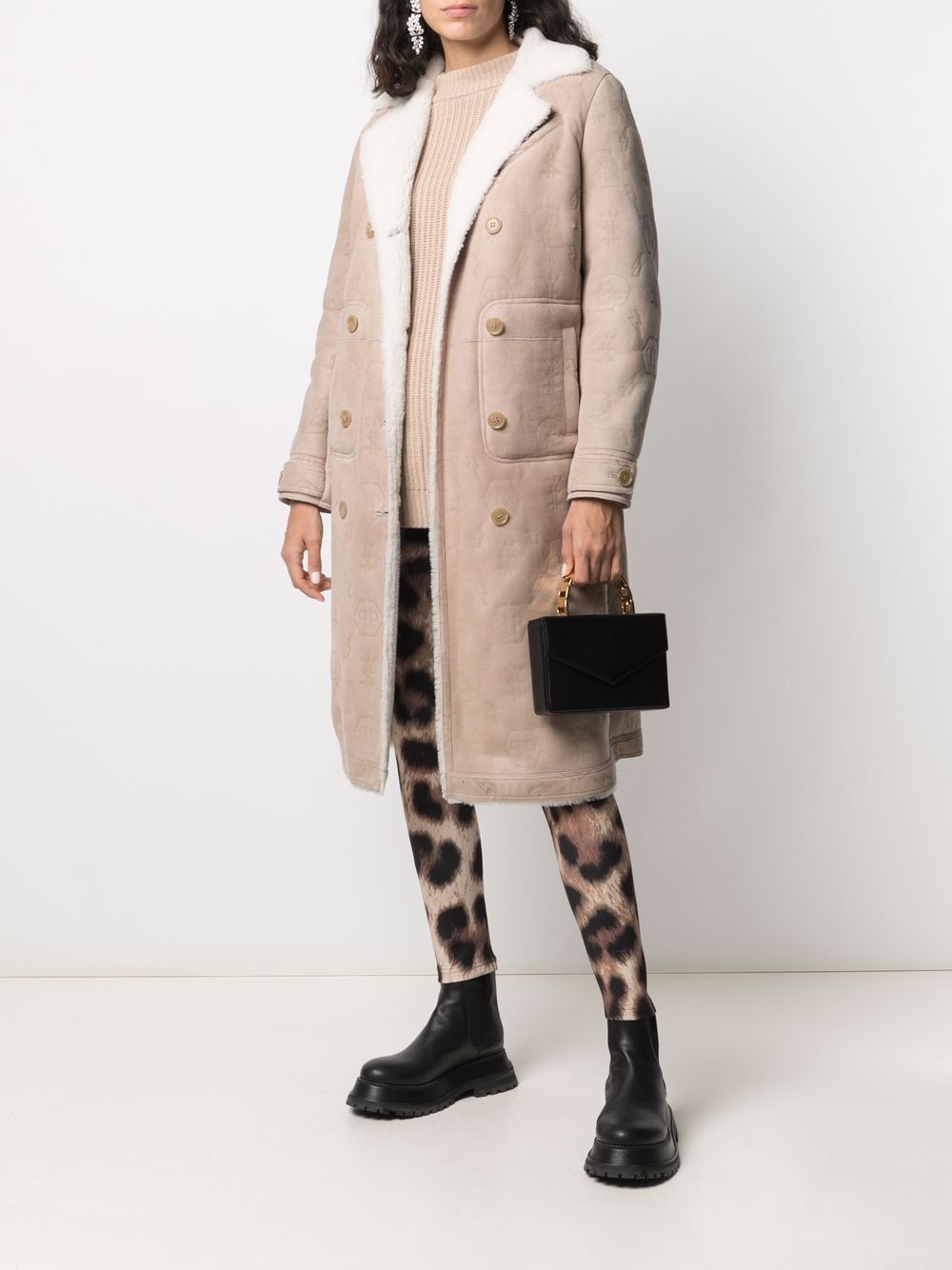 monogram-embossed long shearling coat - 2