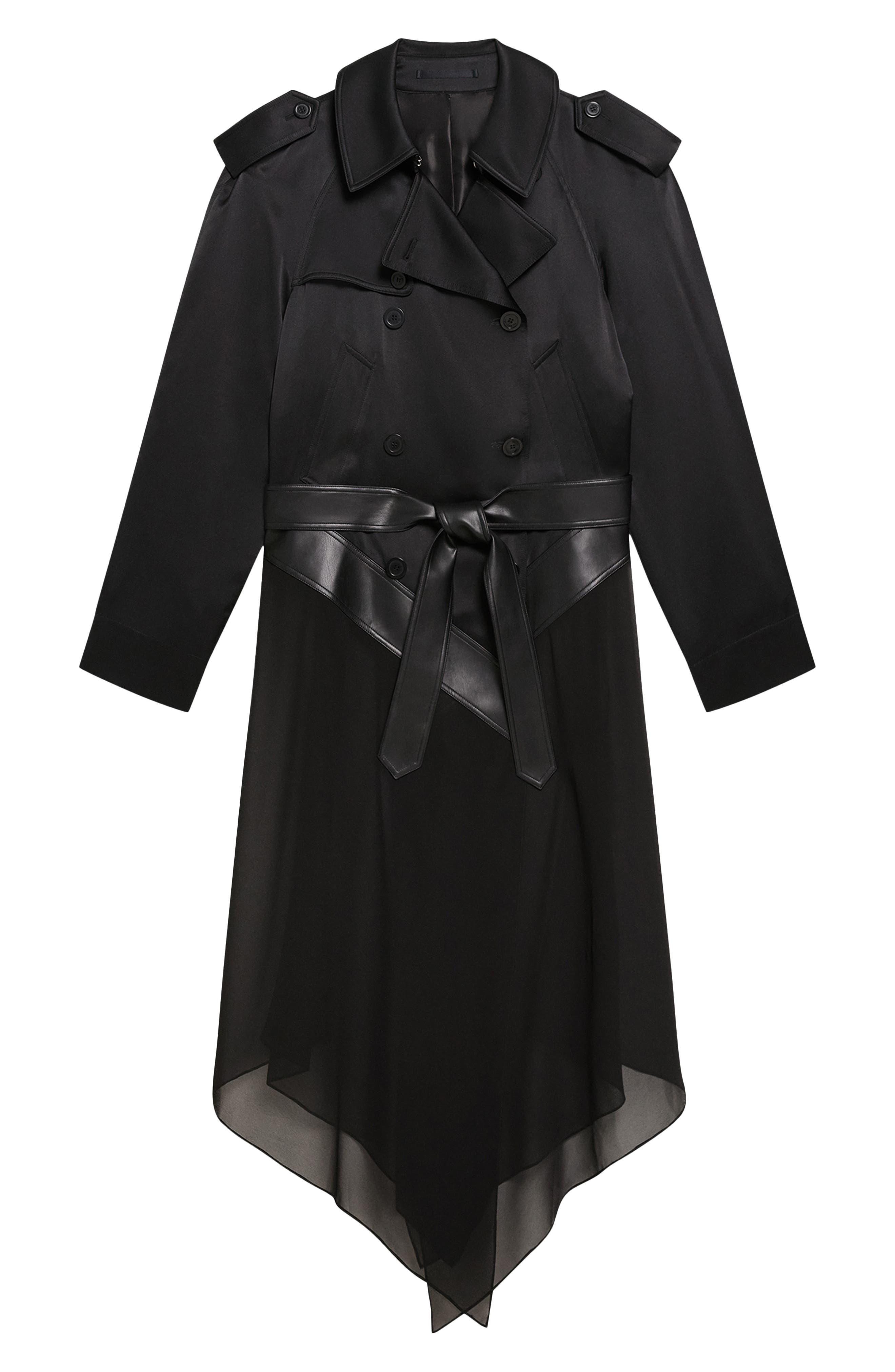 Helmut Lang Mixed Media Scarf Detail Silk Trench Coat in Black at Nordstrom - 5