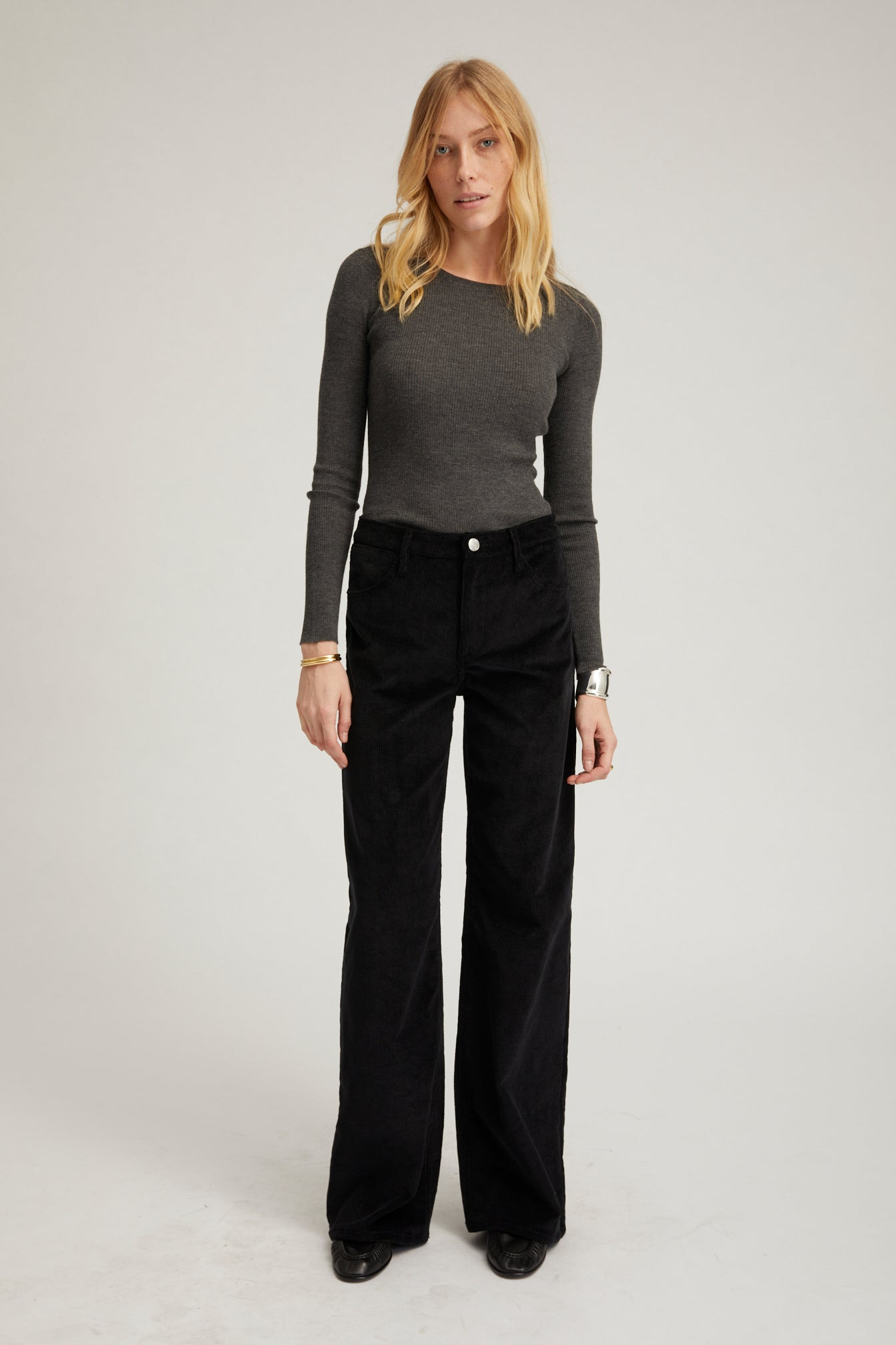 BLACK CORDUROY WIDE LEG TROUSERS - 2