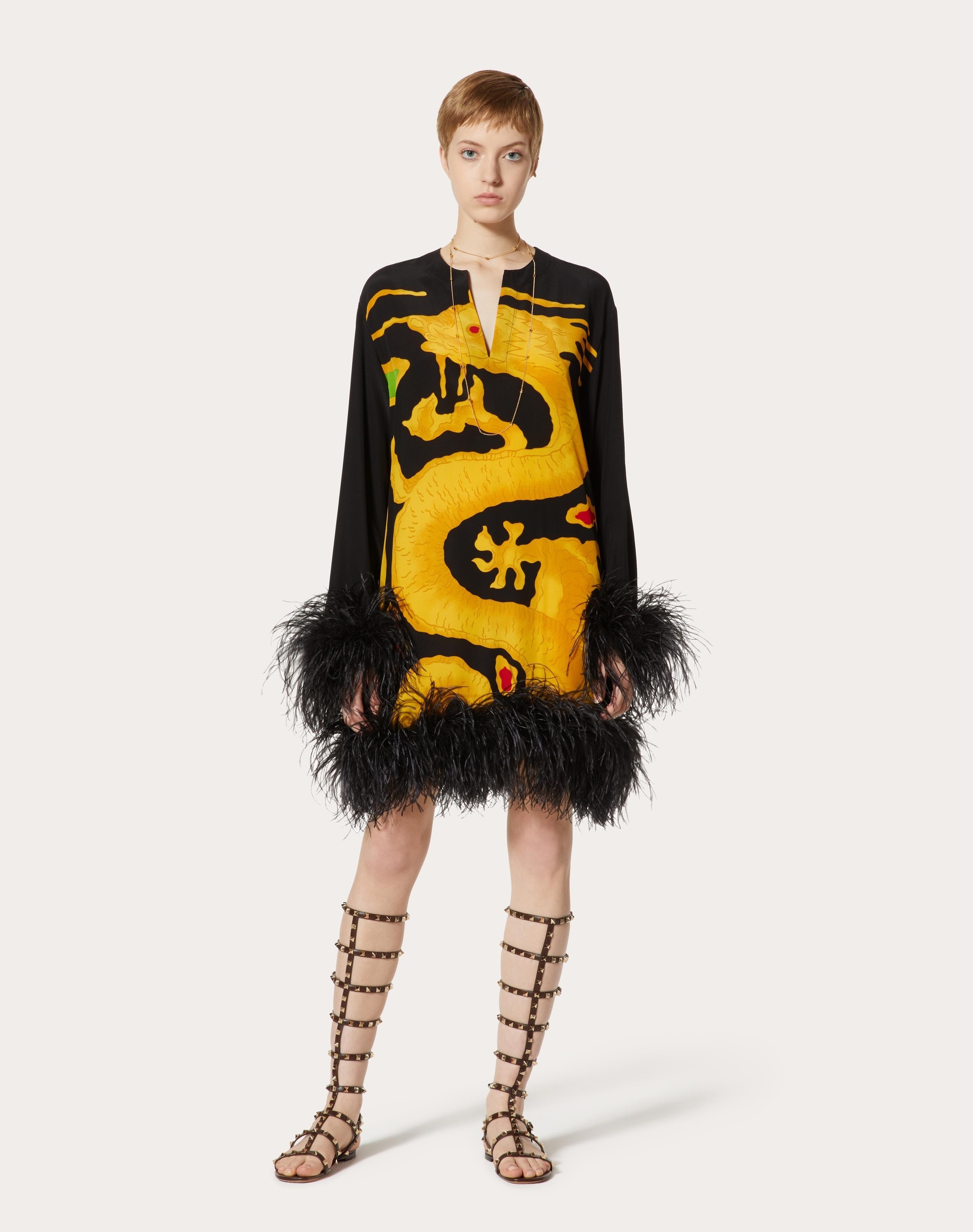CREPE DE CHINE DRESS WITH FEATHER EMBROIDERY AND DRAGO RE-EDITION PRINT - 3