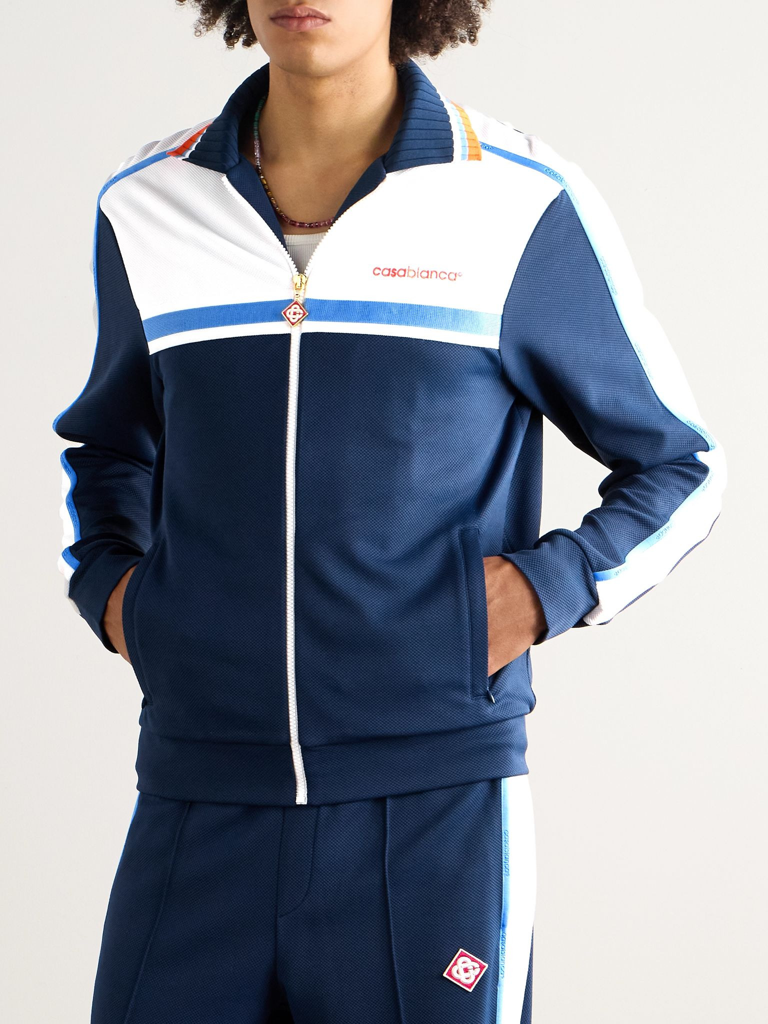 Logo-Embroidered Striped Piqué Track Jacket Navy - 3