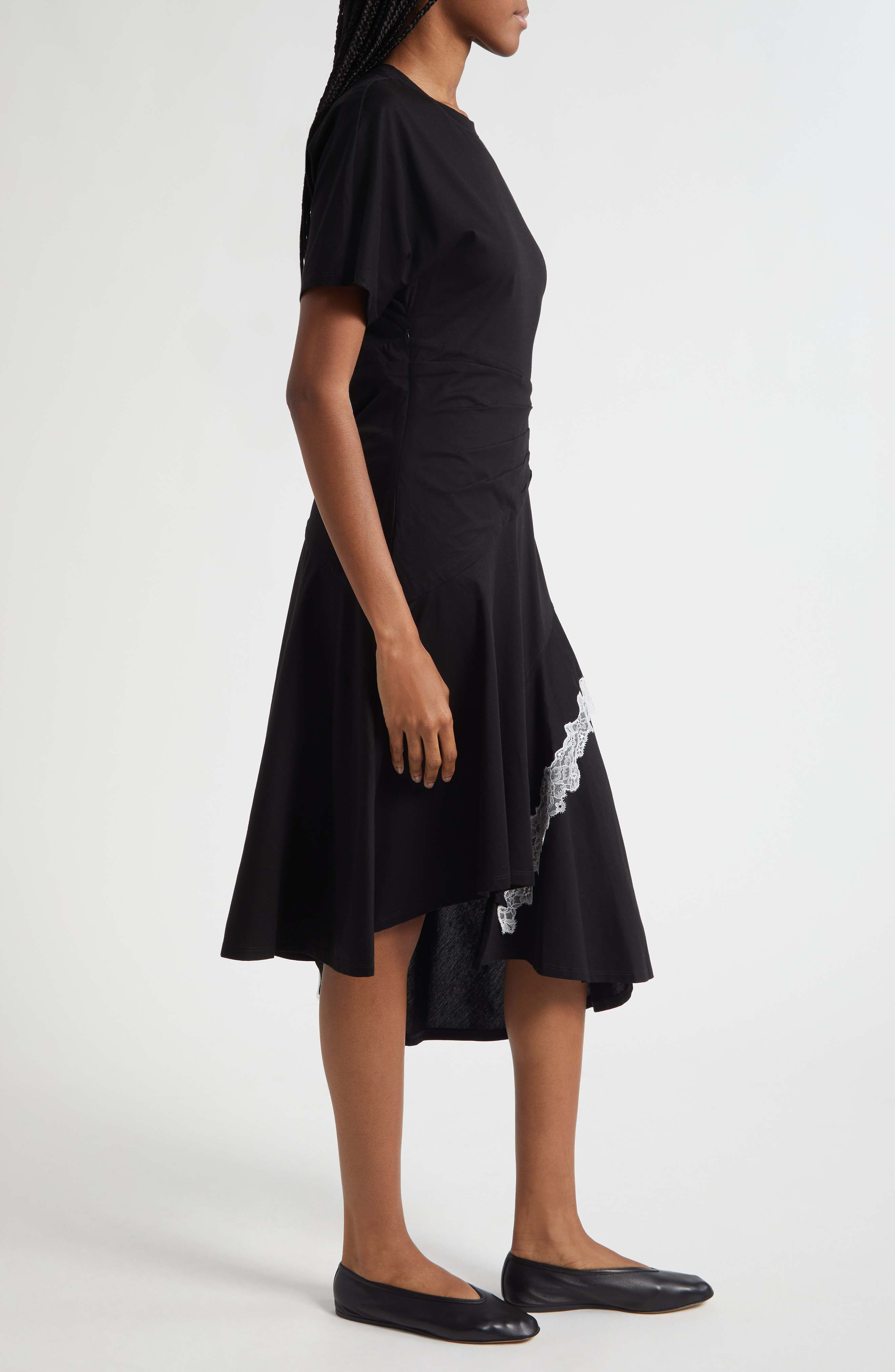 3.1 Phillip Lim Lace Detail Draped Asymmetric Hem Cotton T-Shirt Dress in Black at Nordstrom - 3