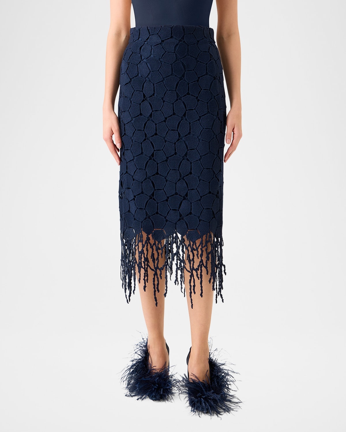 Broken Stone Guipure Fringed Midi Pencil Skirt - 4