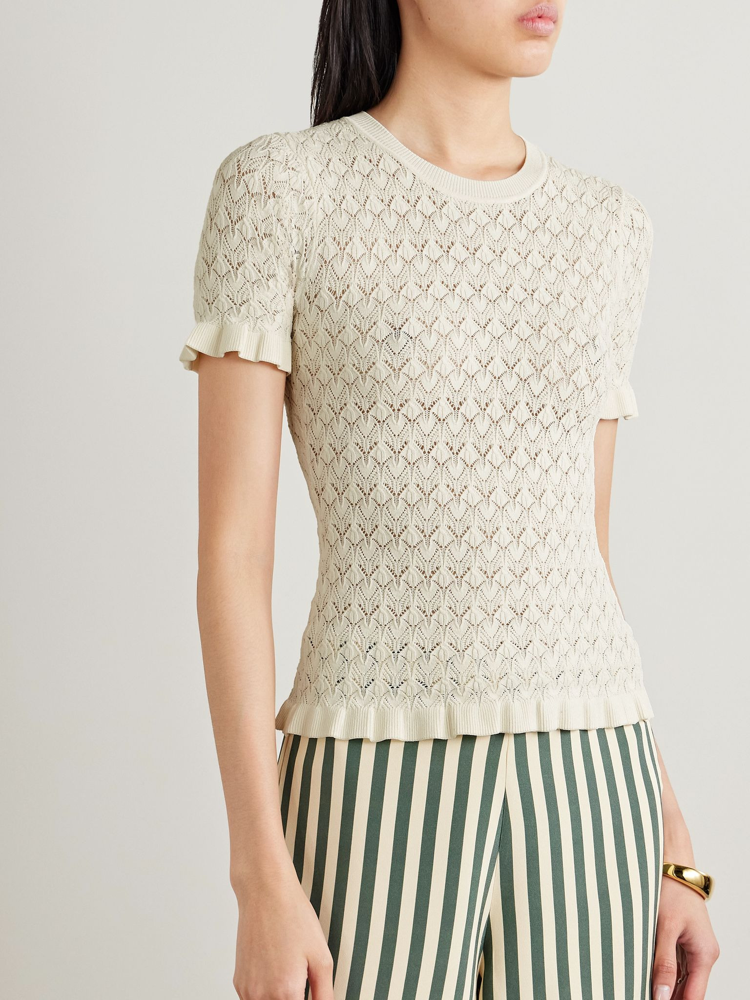 Rue ruffled pointelle-knit top Cream - 3