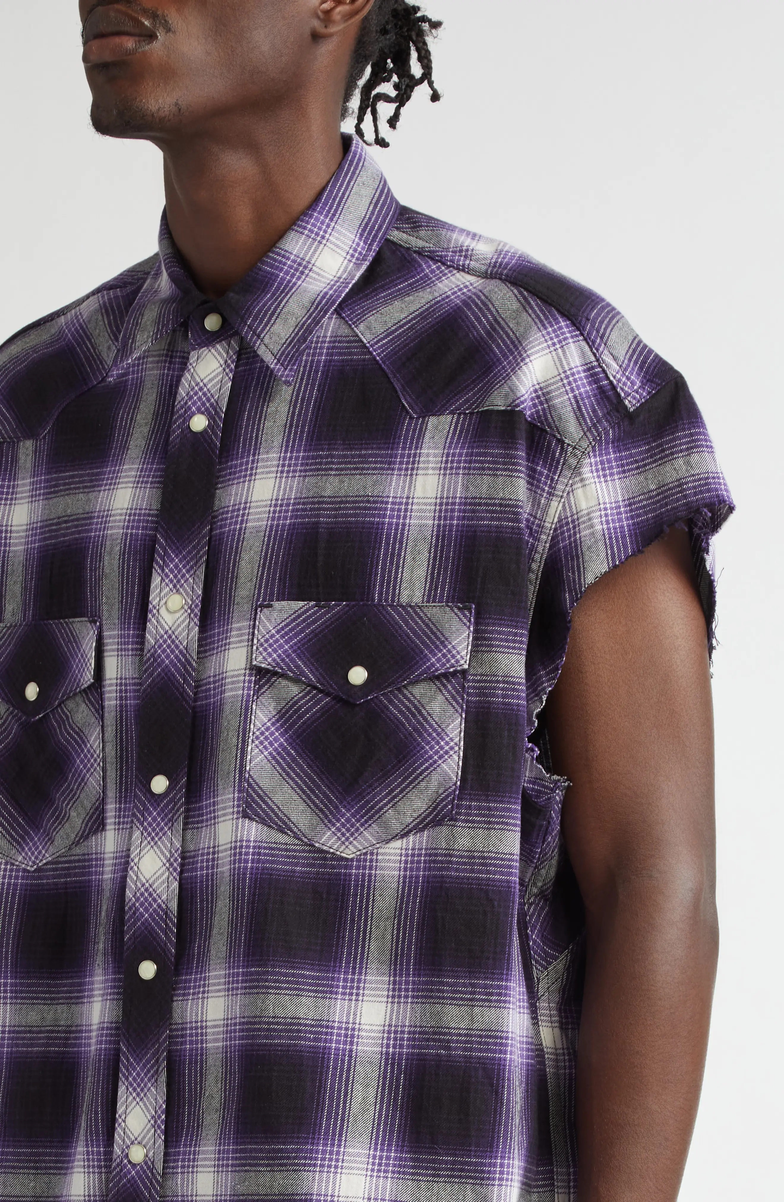 x Rafu Plaid Cutoff Sleeve Snap-Up Western Shirt - 5