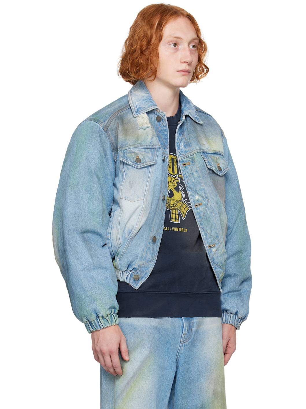 Blue Padded Denim Bomber Jacket - 2