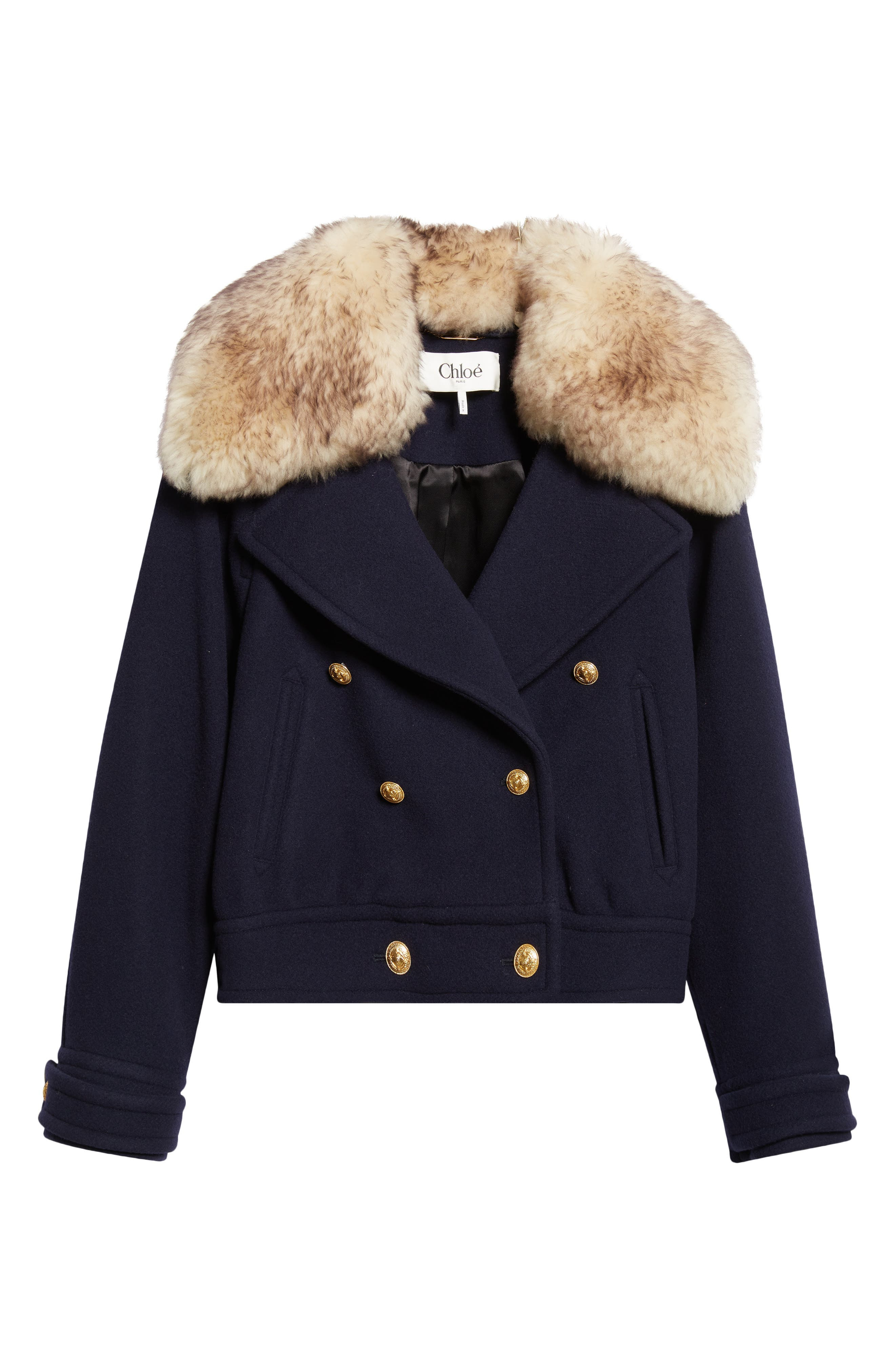 Chloé Crop Double Breasted Coat with Genuine Shearling Collar in Evening Blue at Nordstrom - 6