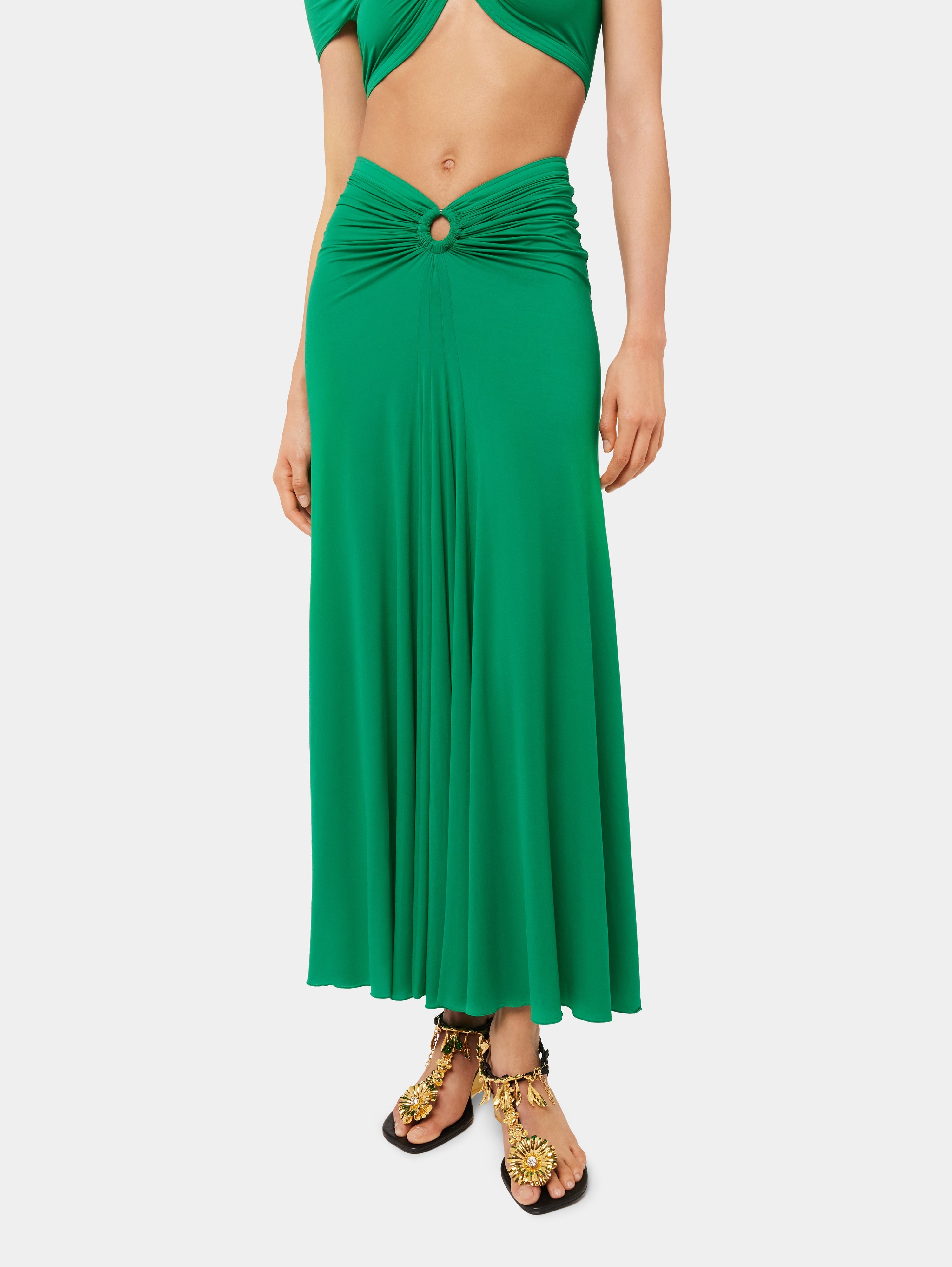 GREEN FLARED DRAPED SKIRT IN JERSEY - 4