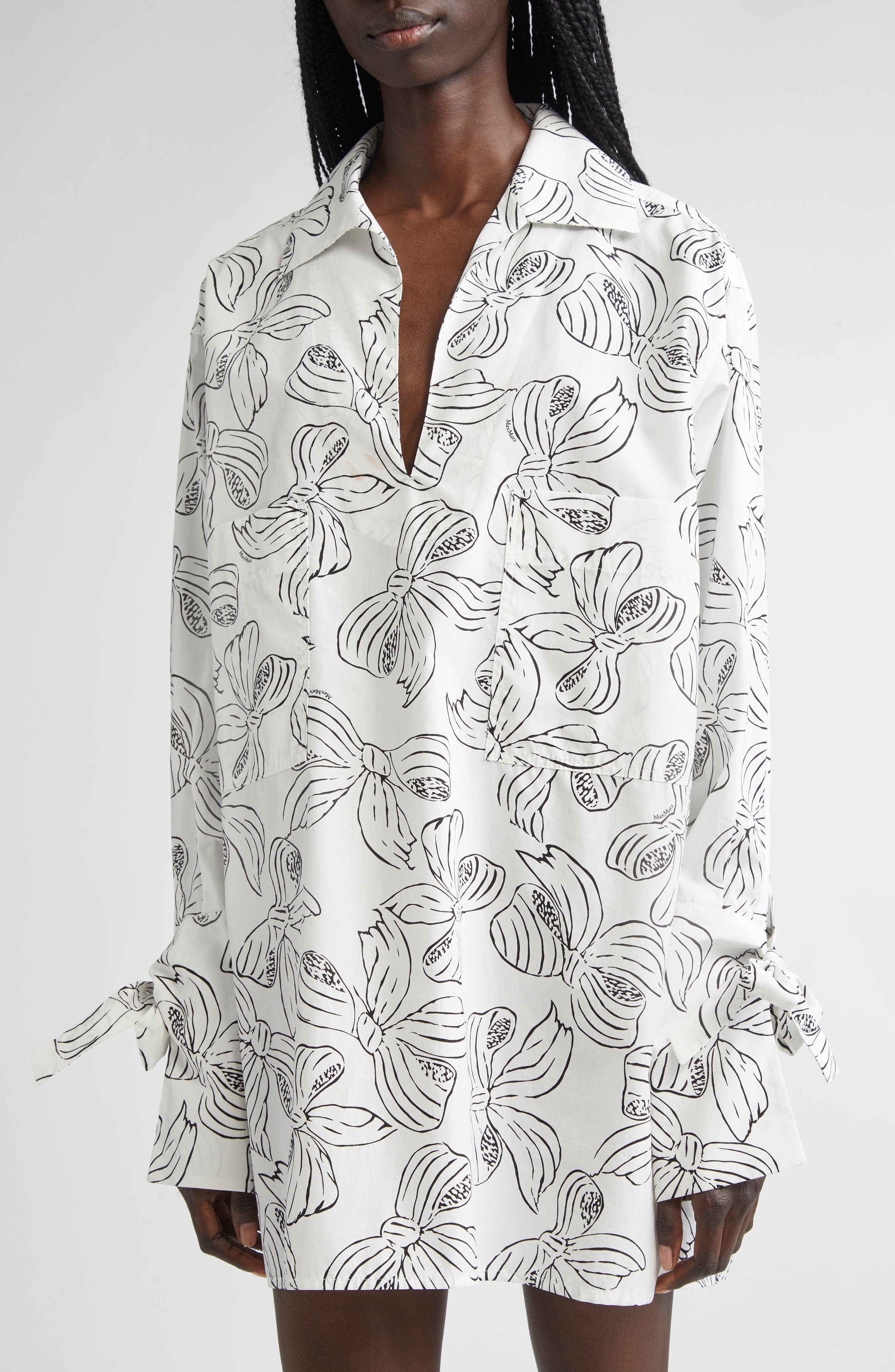Max Mara Sansa Bow Print Long Sleeve Cotton Poplin Minidress in White at Nordstrom - 4