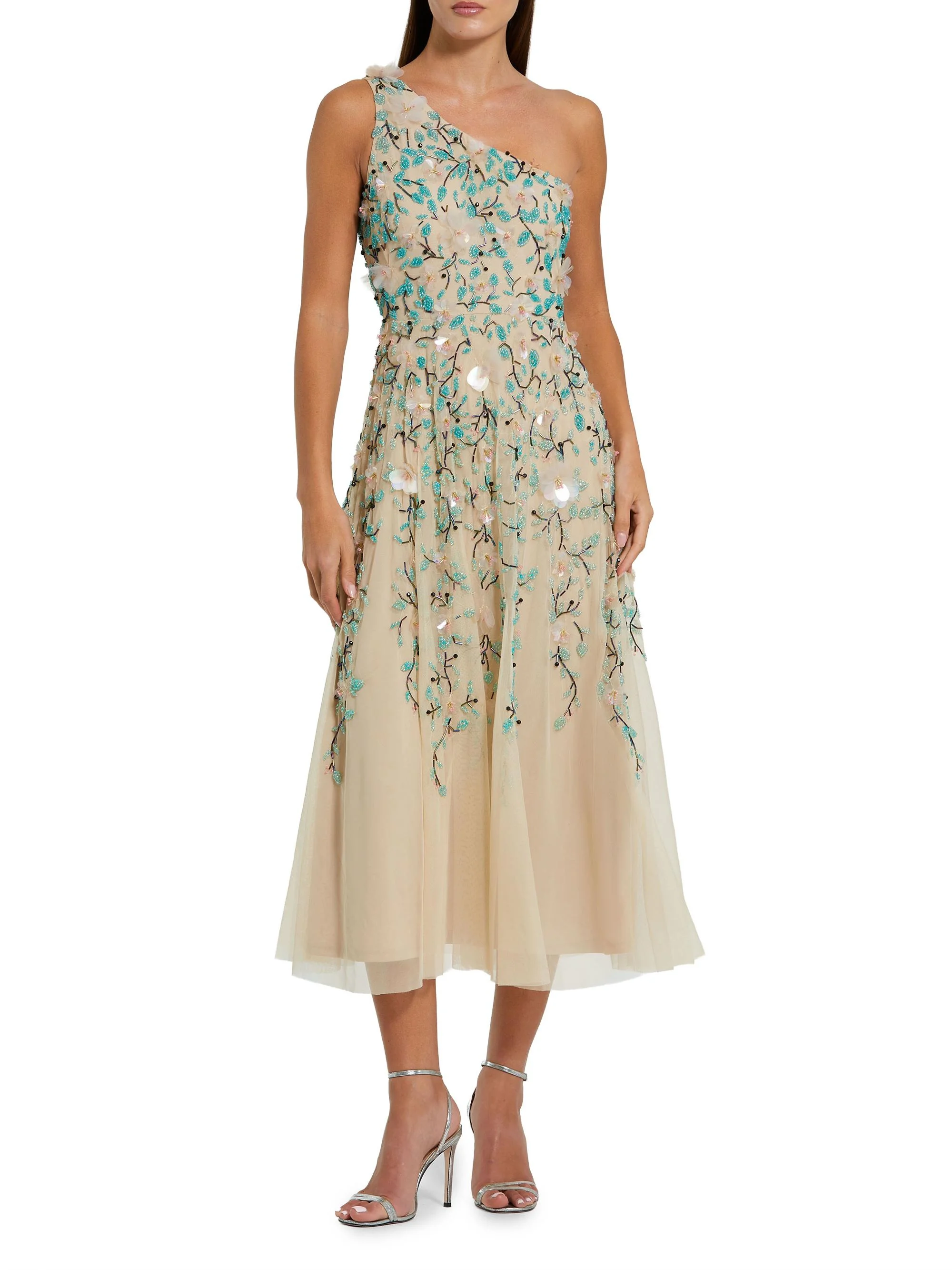 Women's Embellished Floral Mesh One-Shoulder Midi-Dress - Beige Multi - 1