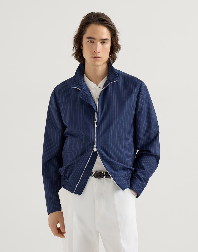 Wool and mohair pinstripe fresco outerwear jacket with stand collar 2