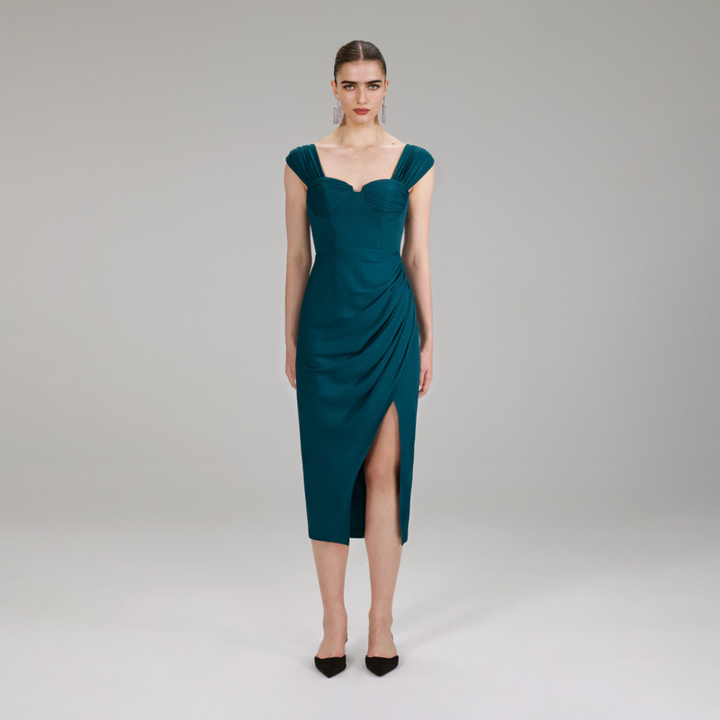 knee length dresses for ladies Black Crepe Contrast Frill Midi Dress