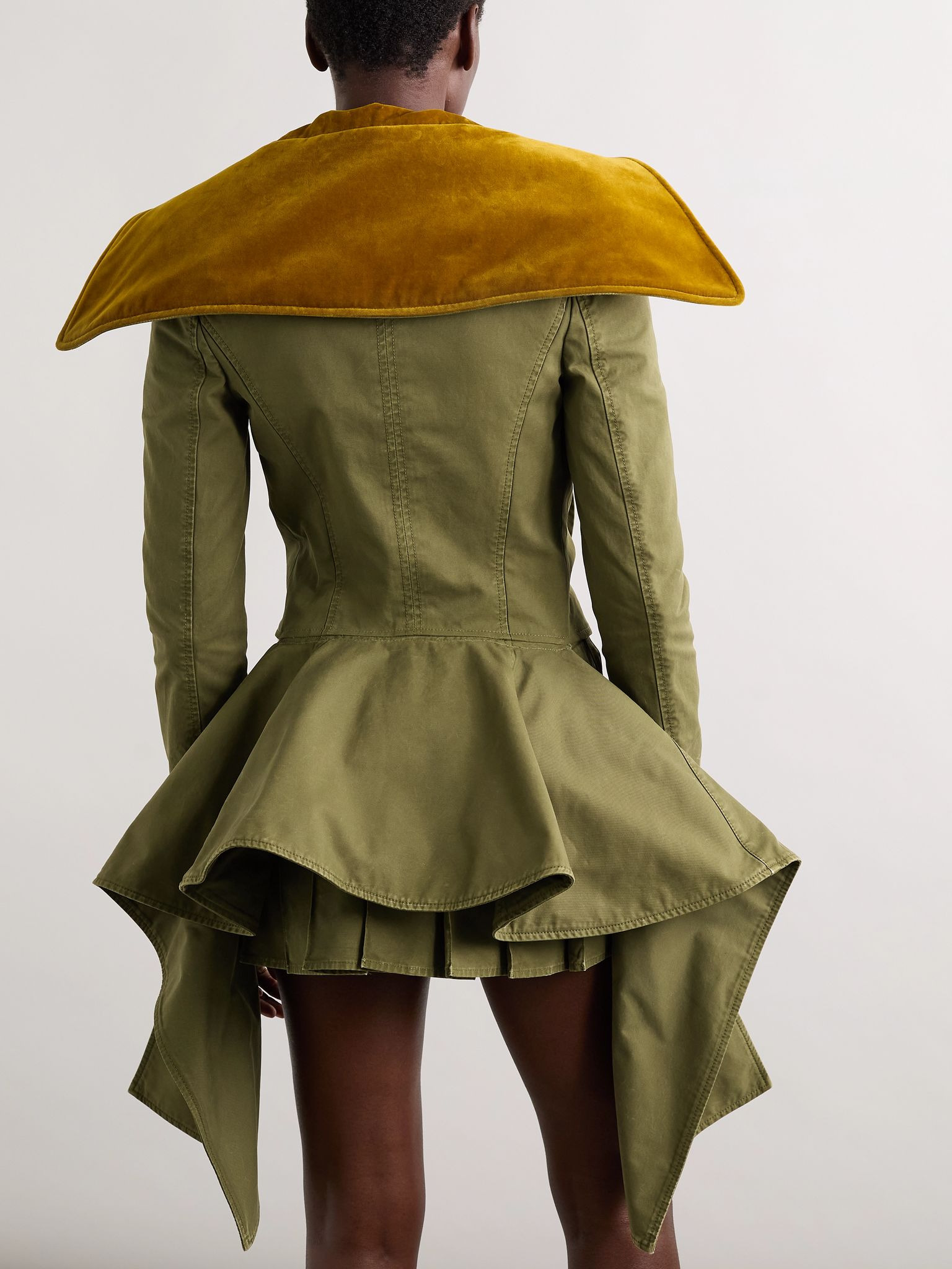 Asymmetric double-breasted cotton-twill and velvet jacket Green - 3