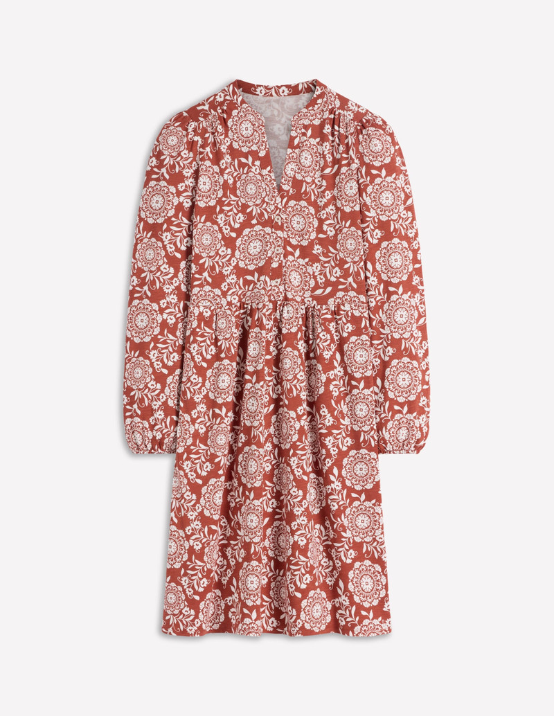 Amy Short Jersey Dress-Brown, Decorative Blossom 1