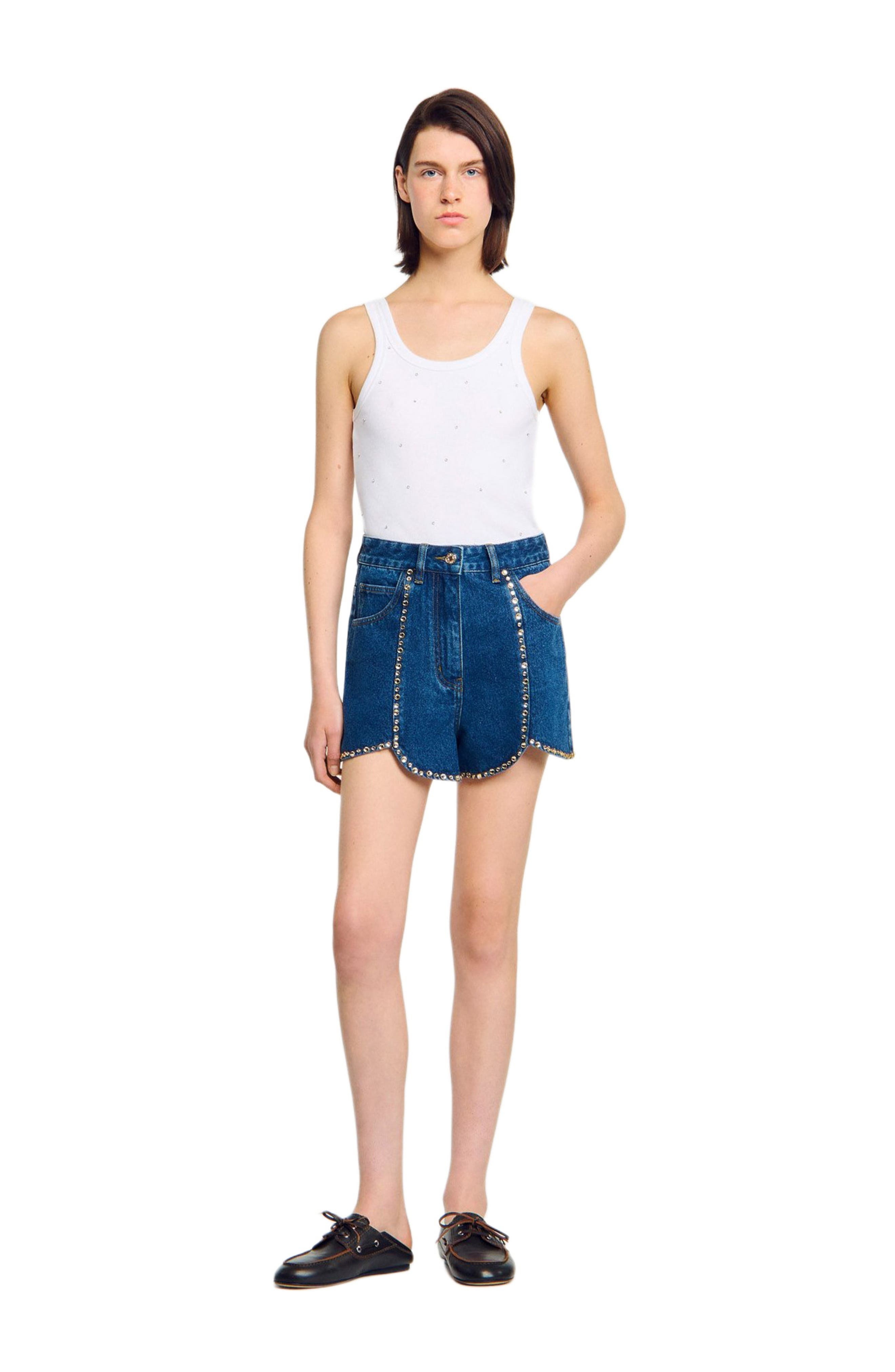 SANDRO Rhinestone denim shorts in Blue Jean at Nordstrom - 6