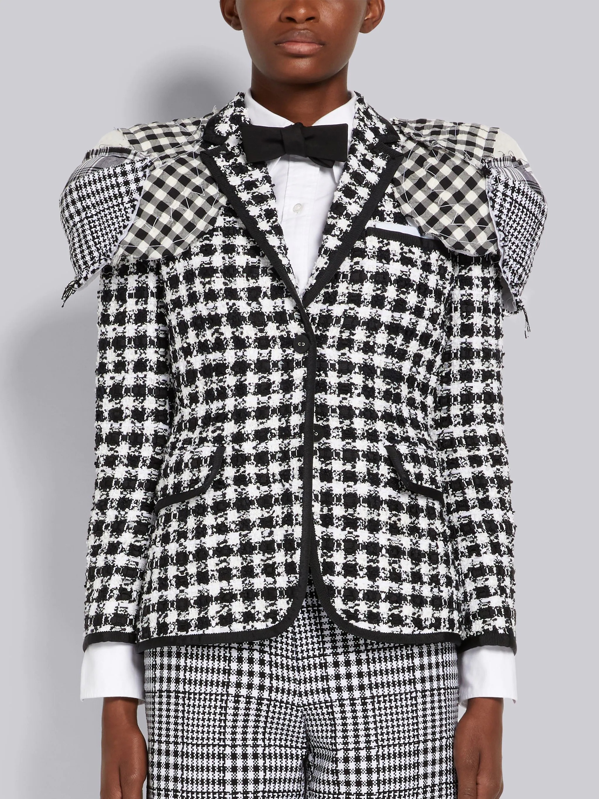 Black and White Gingham Check Tweed Grosgrain Tipping Stacked Shoulder Pad Classic Jacket - 1