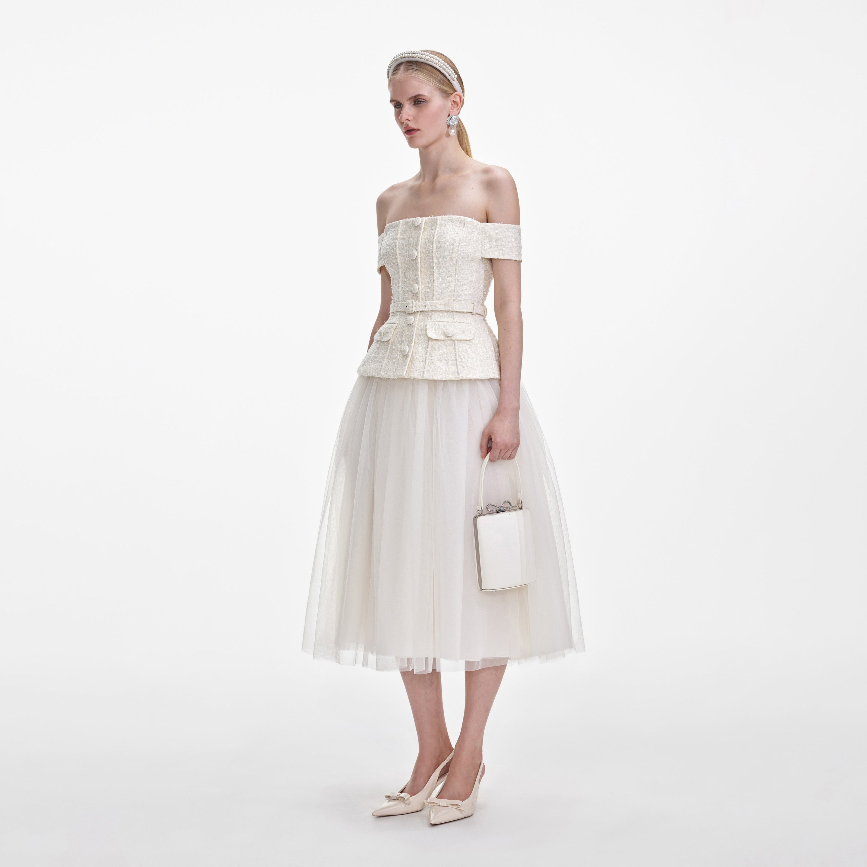 Cream Boucle Tulle Midi Dress - 2