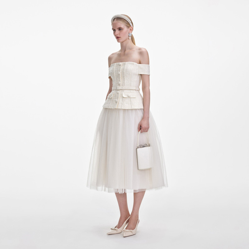 Cream Boucle Tulle Midi Dress 2