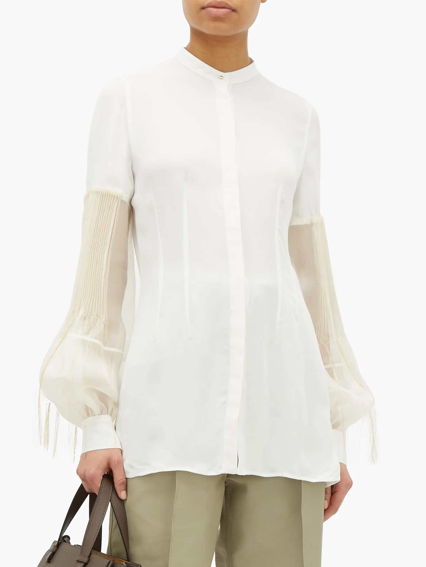 Embroidered pleated-sleeve crepe blouse - 6