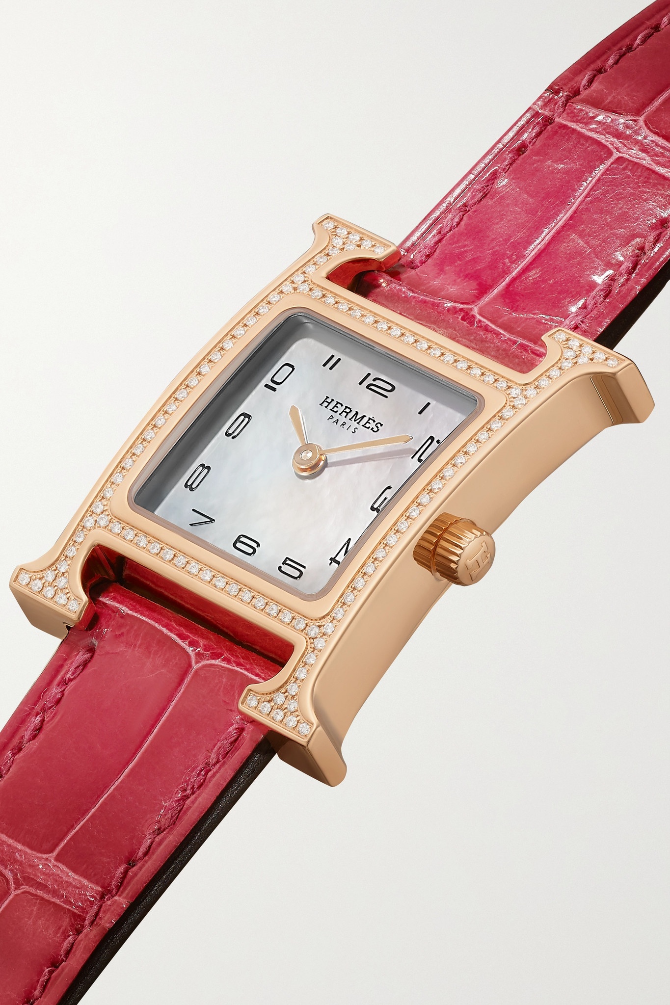 Heure H 25mm small 18-karat rose gold, alligator, mother-of-pearl and diamond watch - 3