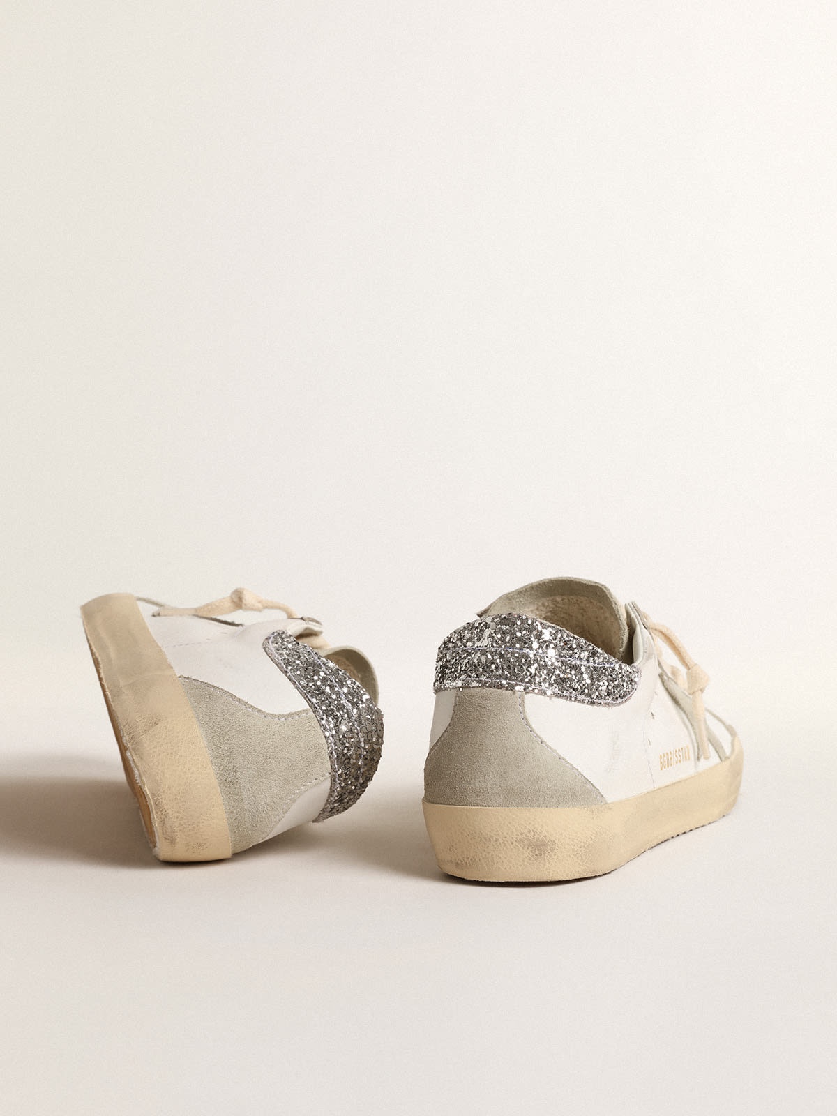 Golden Goose Super-Star with gray star and silver glitter heel tab |  REVERSIBLE